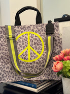 Stephanie's Pick: Grey Leopard Luxe North South Bag with a Neon Yellow Jumbo Peace Sign + FREE Grey/Yellow Stripe Strap - Quilted Koala