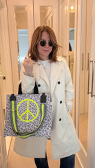 Stephanie's Pick: Grey Leopard Luxe North South Bag with a Neon Yellow Jumbo Peace Sign + FREE Grey/Yellow Stripe Strap - Quilted Koala