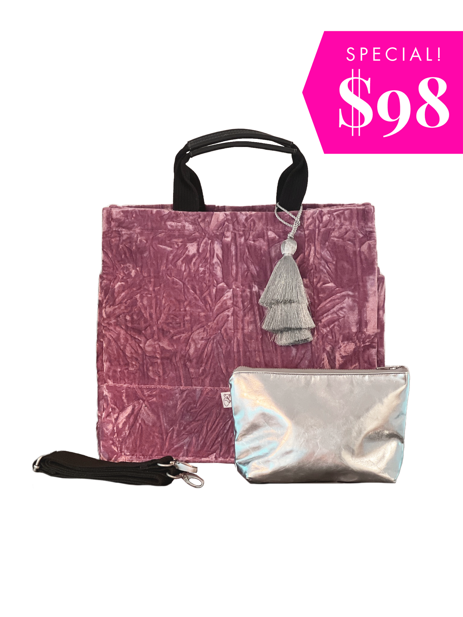 Pink Velvet Luxe North South Crossbody FREE Silver Tassel