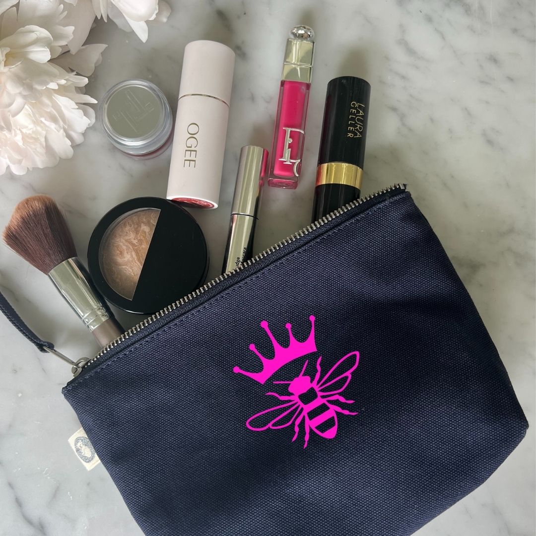 QUEEN BEE Makeup Bag- Navy with Pink - Quilted Koala