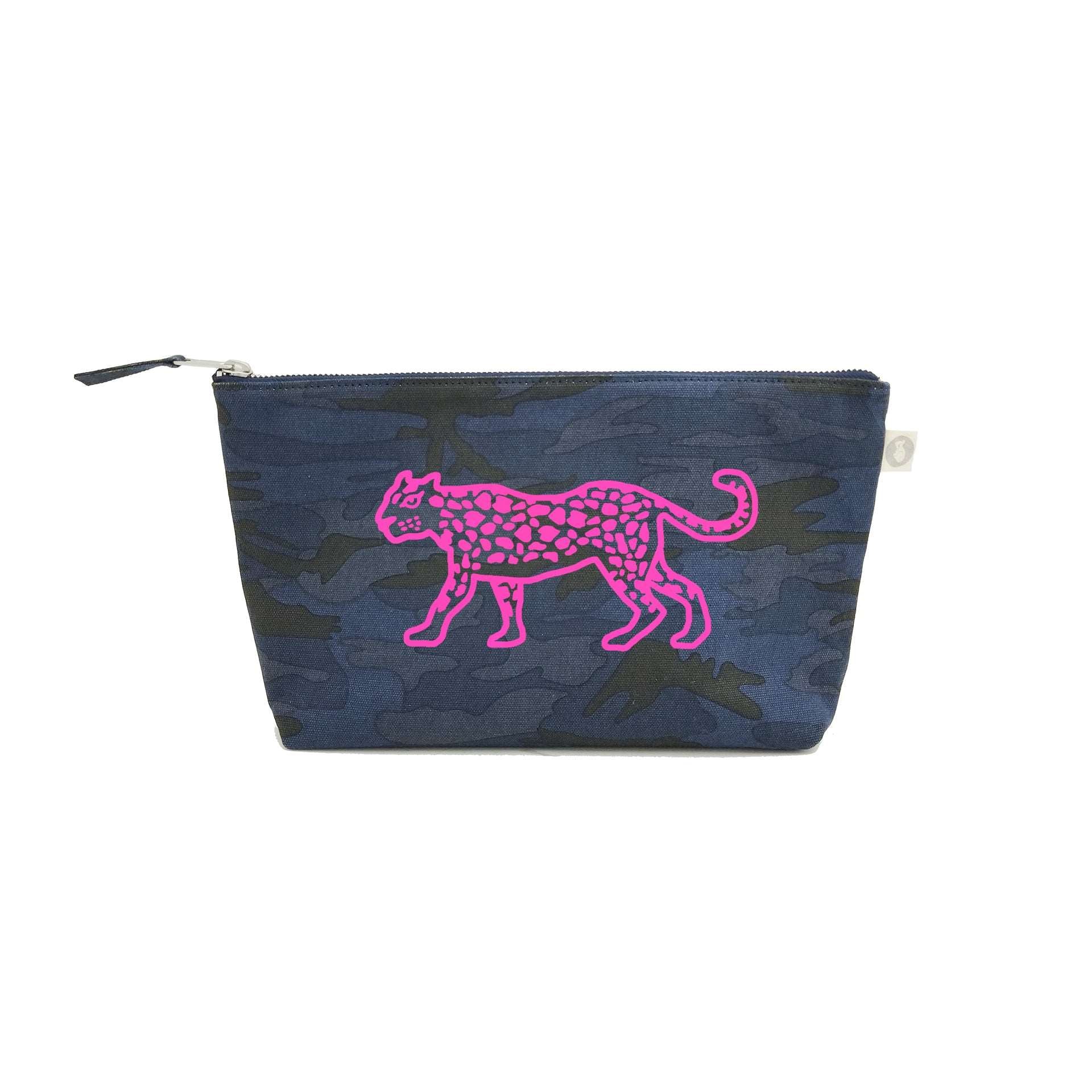 Clutch Bag: Dark Blue Camo with Neon Pink Matte Leopard - Quilted Koala