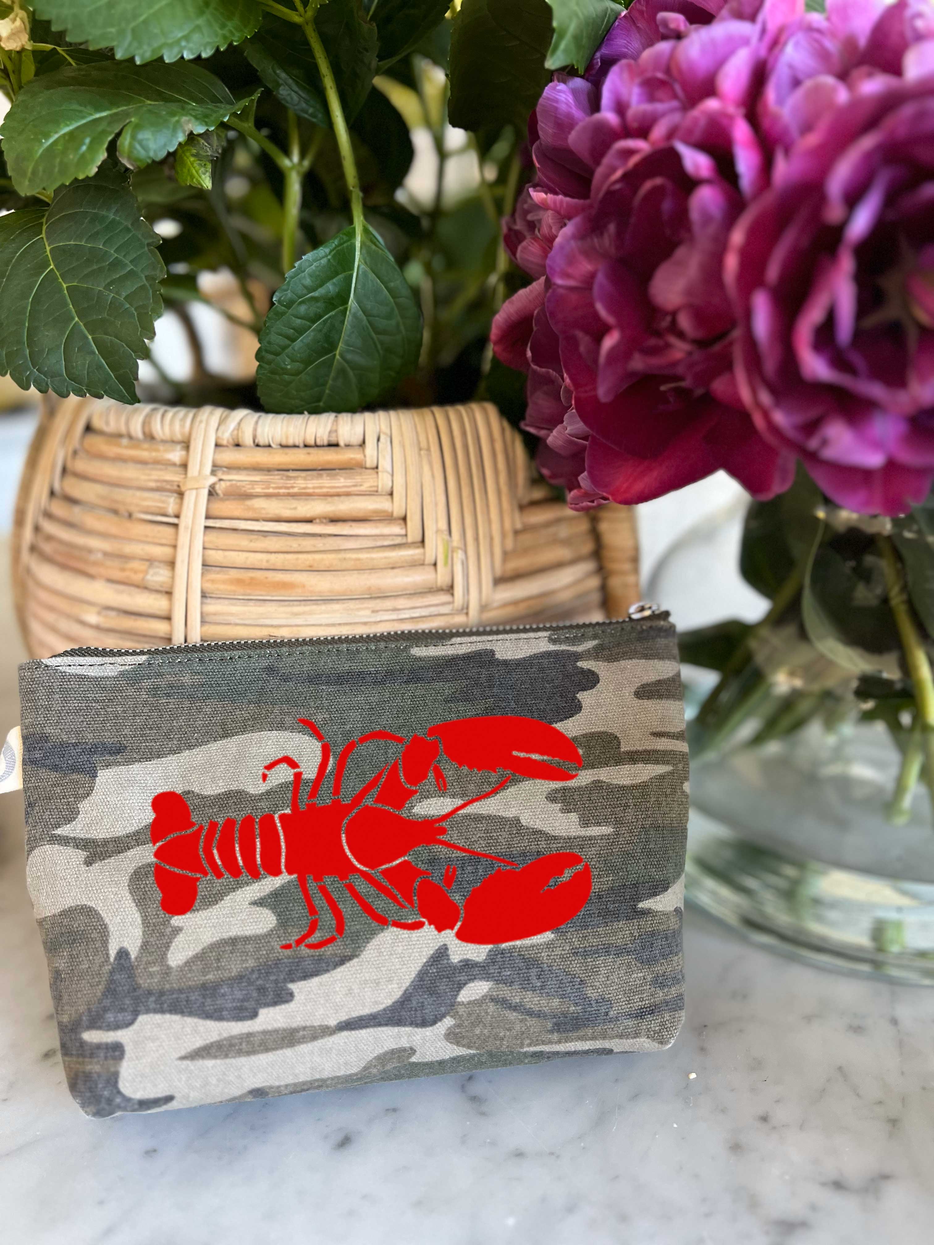 Makeup Bag Green Camo with Red Lobster - Quilted Koala