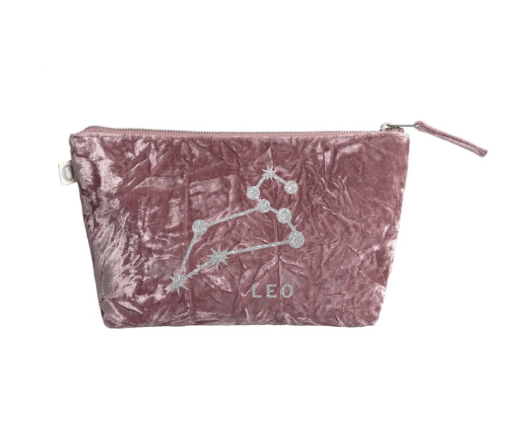 Zodiac Pink Crushed Velvet Large Makeup Bag - Leo - Quilted Koala