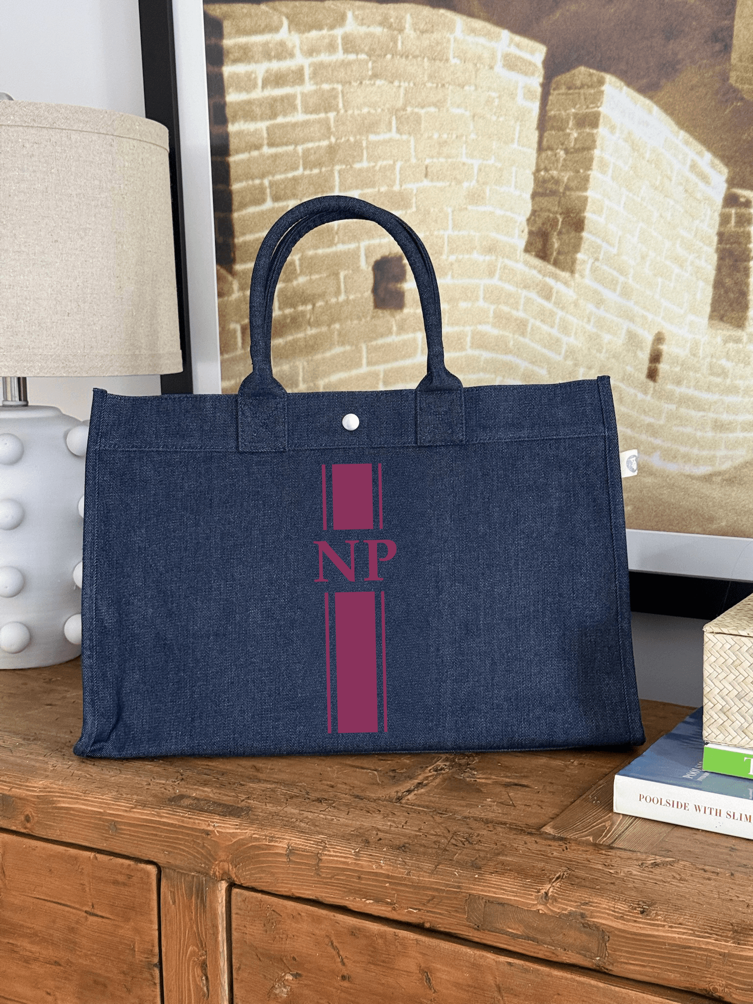 East West Bag: Denim with Wine Monogram Stripe - Quilted Koala