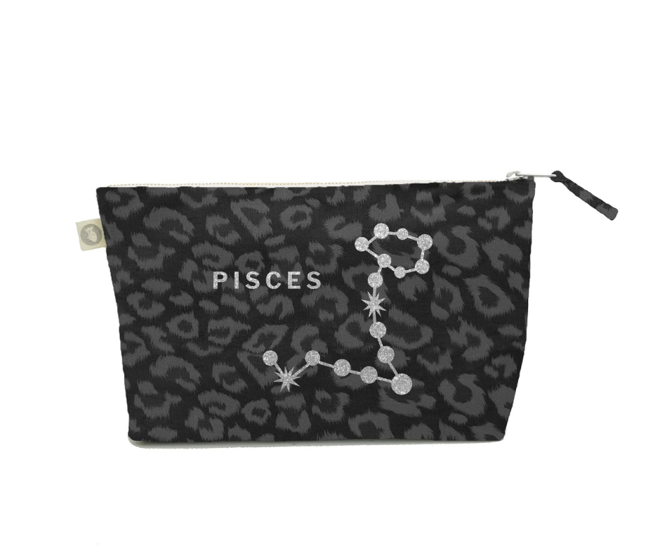 Zodiac Black Leopard Large Makeup Bag - Pisces - Quilted Koala