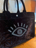 East West Bag: Black Crushed Velvet with Silver Crystal Evil Eye - Quilted Koala