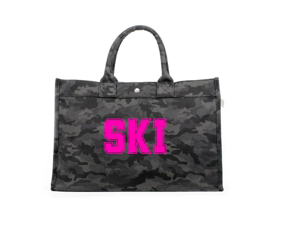 SKI TOTE BAG - Black Camo East West Bag with Pink SKI -NEW! - Quilted Koala