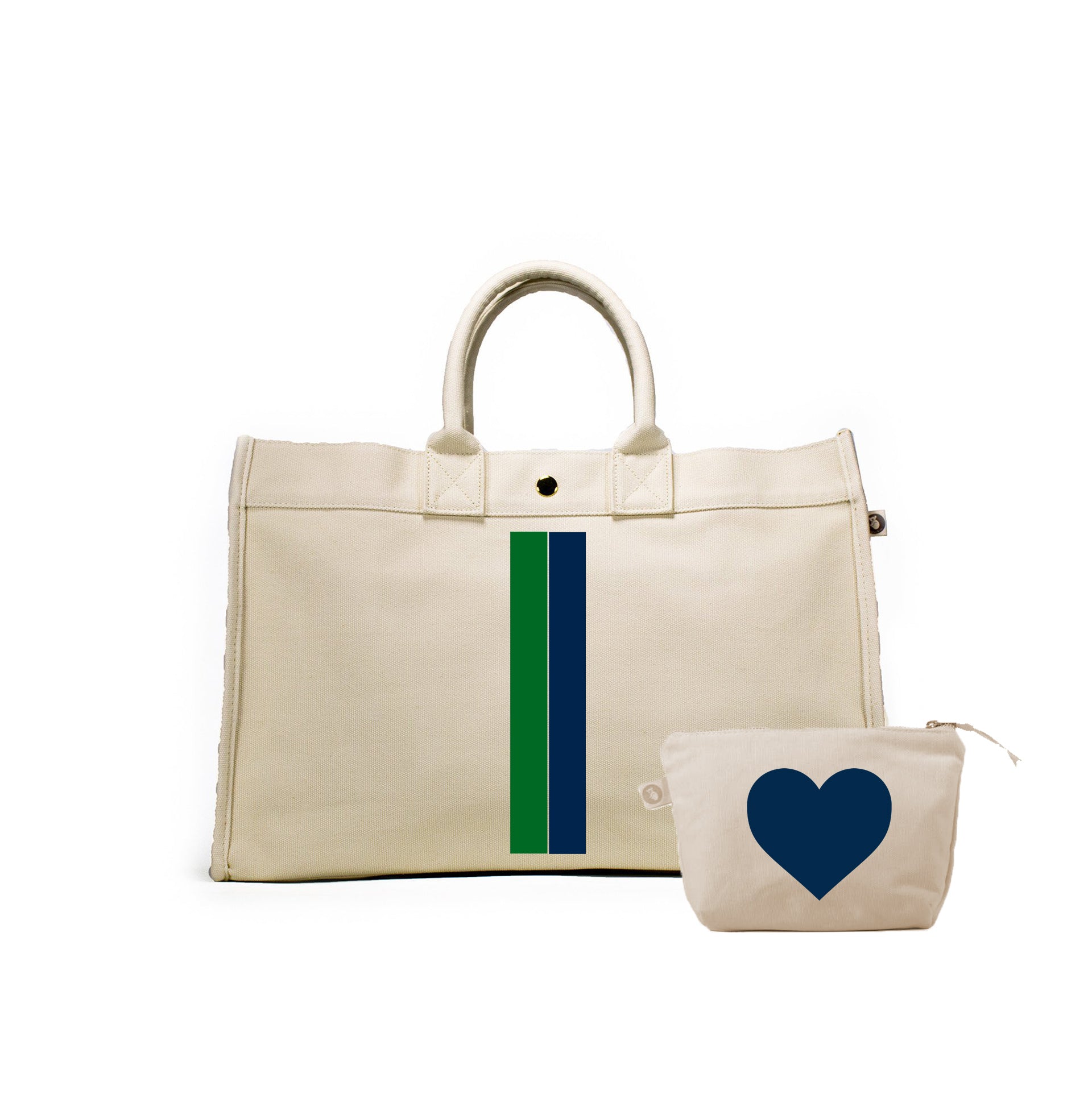 Natural East West Bag with Navy & Kelly Green Stripes (+ FREE Natural Makeup with Navy Heart) - Quilted Koala