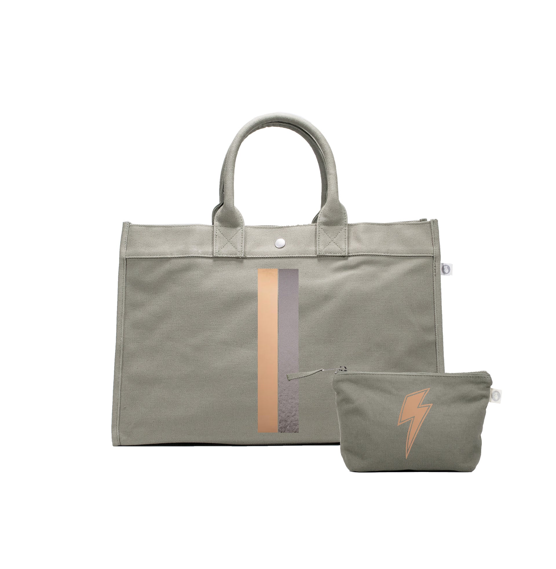 Olive East West Bag with Rose Gold & Gunmetal Stripes (+ FREE Olive Makeup with Rose Gold Lightning Bolt) - Quilted Koala