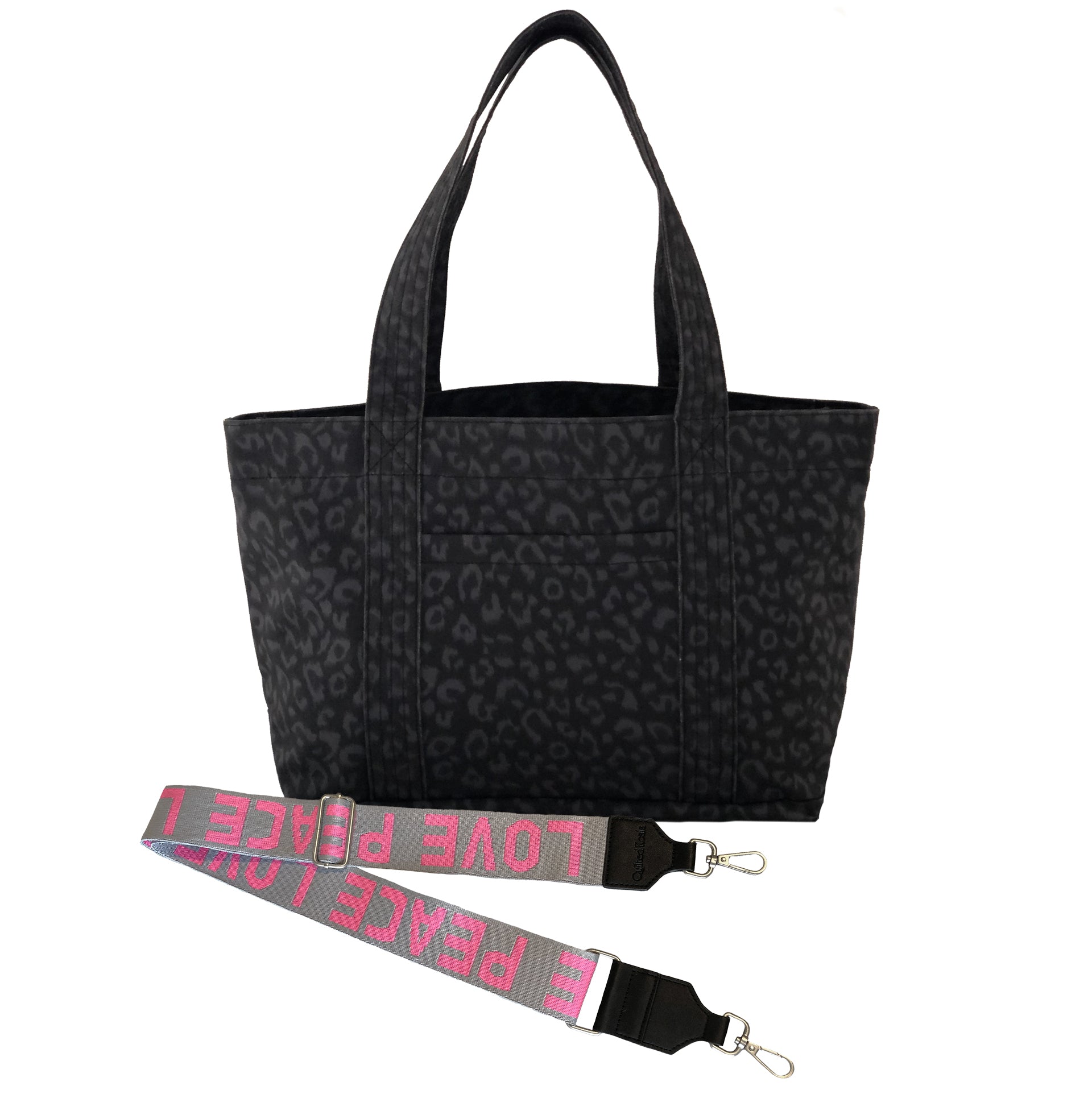 Split Letter Monogram - Midi Zipper Tote: Black Leopard Coated Canvas - Quilted Koala