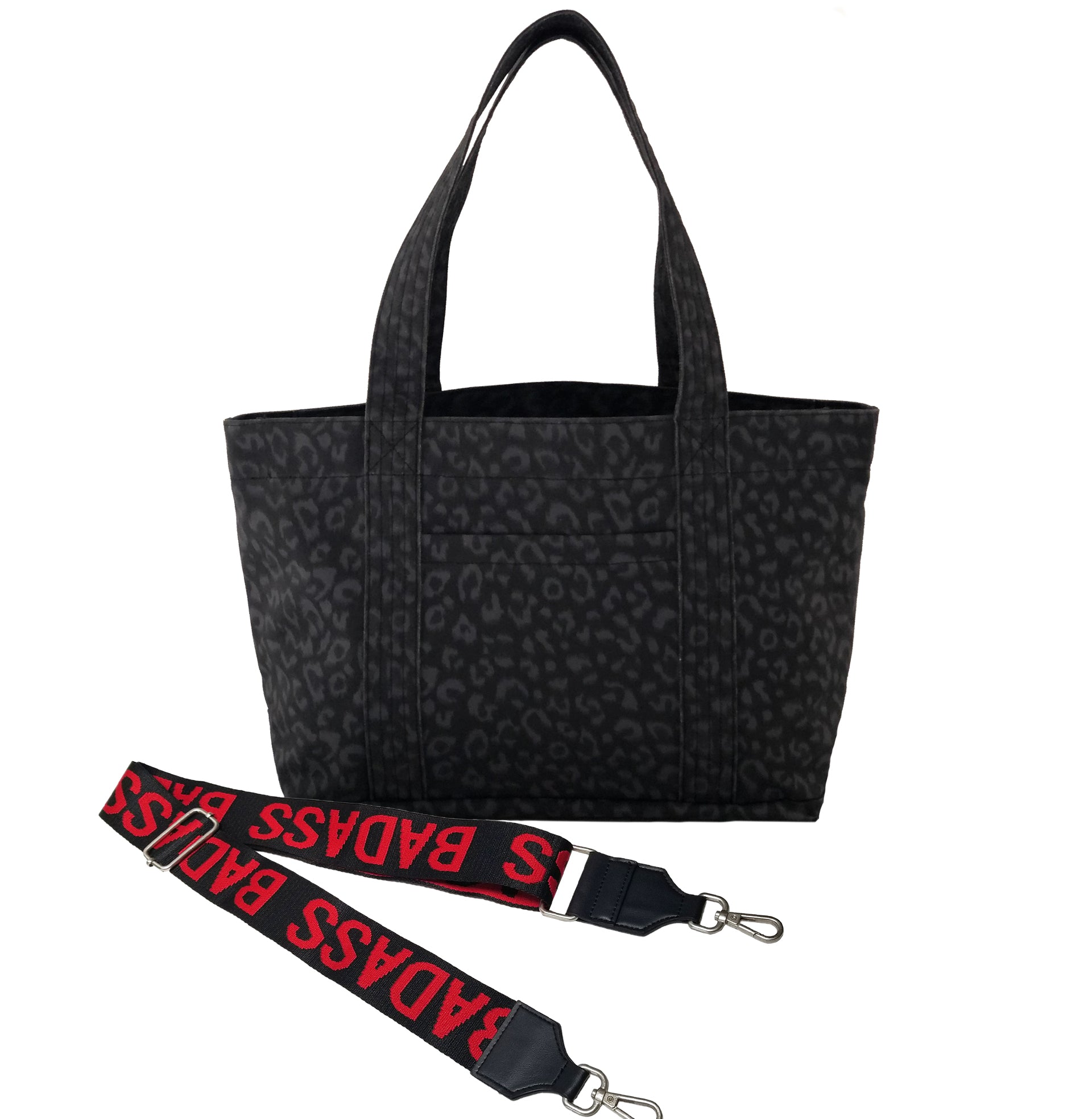 Split Letter Monogram - Midi Zipper Tote: Black Leopard Coated Canvas - Quilted Koala