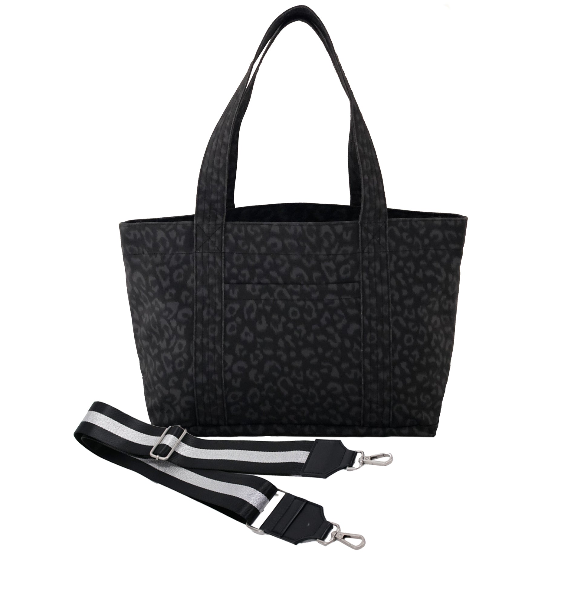 Split Letter Monogram - Midi Zipper Tote: Black Leopard Coated Canvas - Quilted Koala