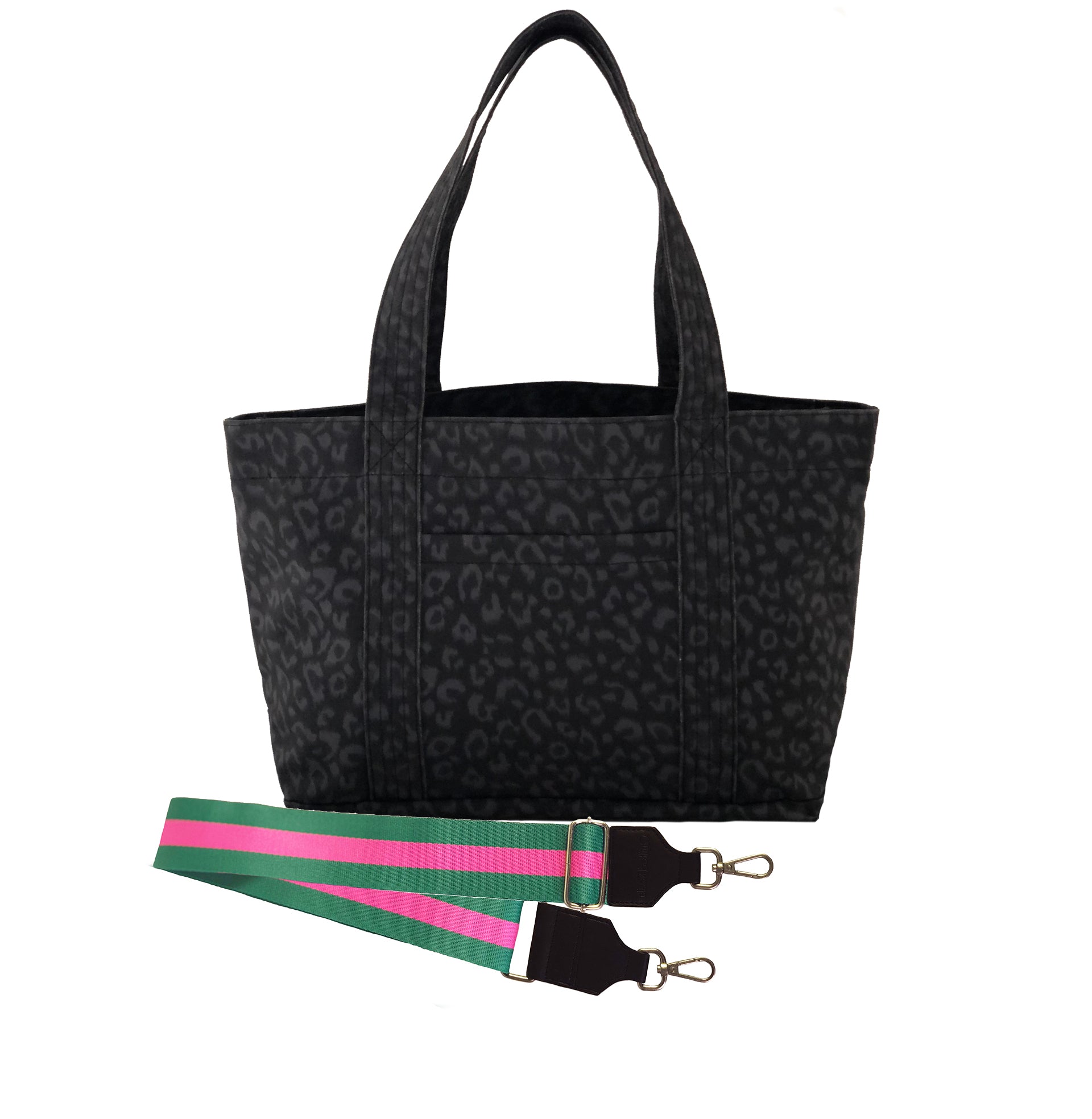 Split Letter Monogram - Midi Zipper Tote: Black Leopard Coated Canvas - Quilted Koala