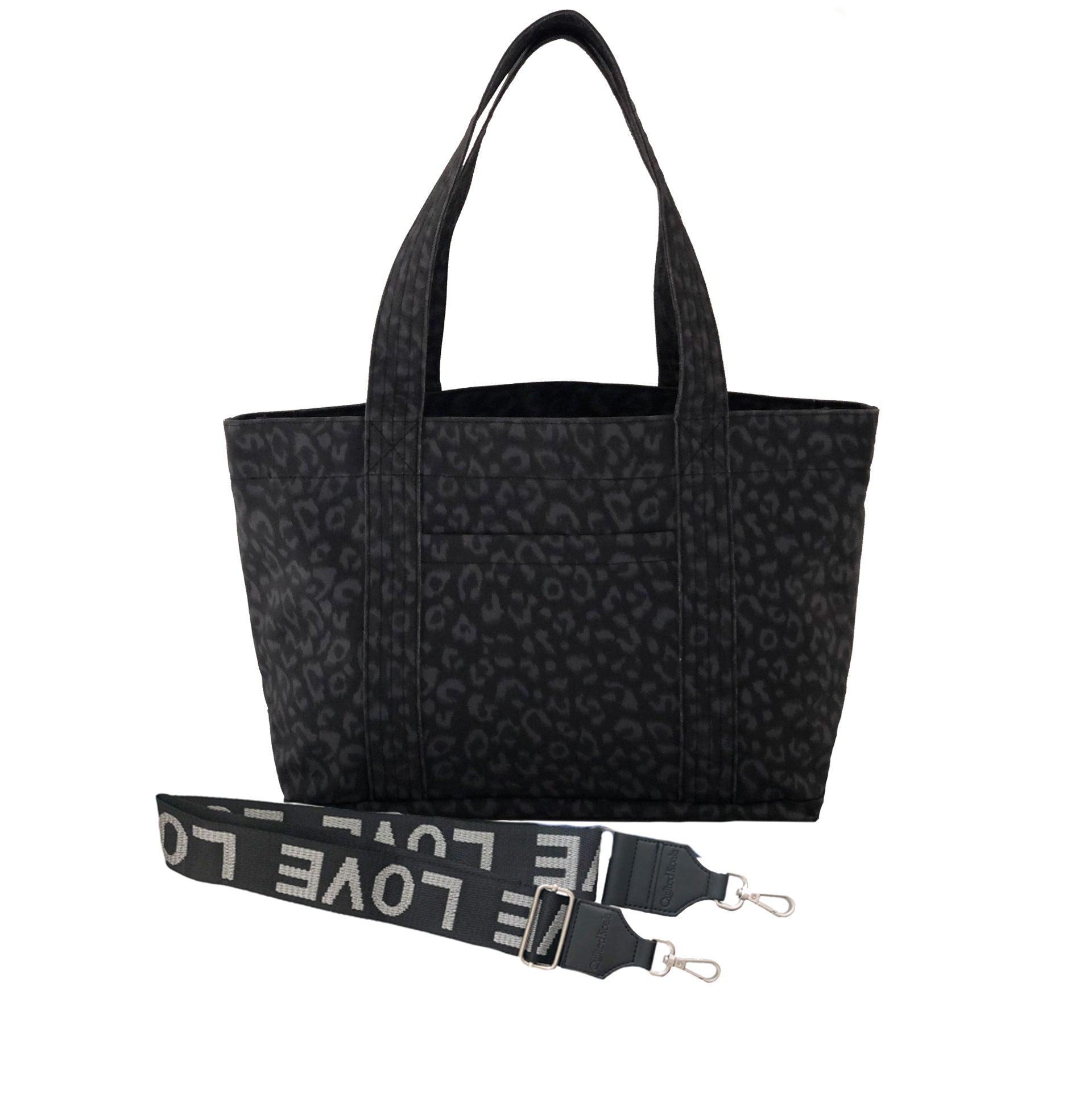 Split Letter Monogram - Midi Zipper Tote: Black Leopard Coated Canvas - Quilted Koala