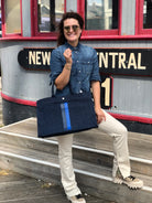 East-West Bag: Denim with Navy/Royal Blue Color Stripe - Quilted Koala