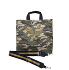 Green Camo Luxe North South Bag with Gold Glitter Tennis Racquets & Navy/Gold Strap Crossbody - Quilted Koala