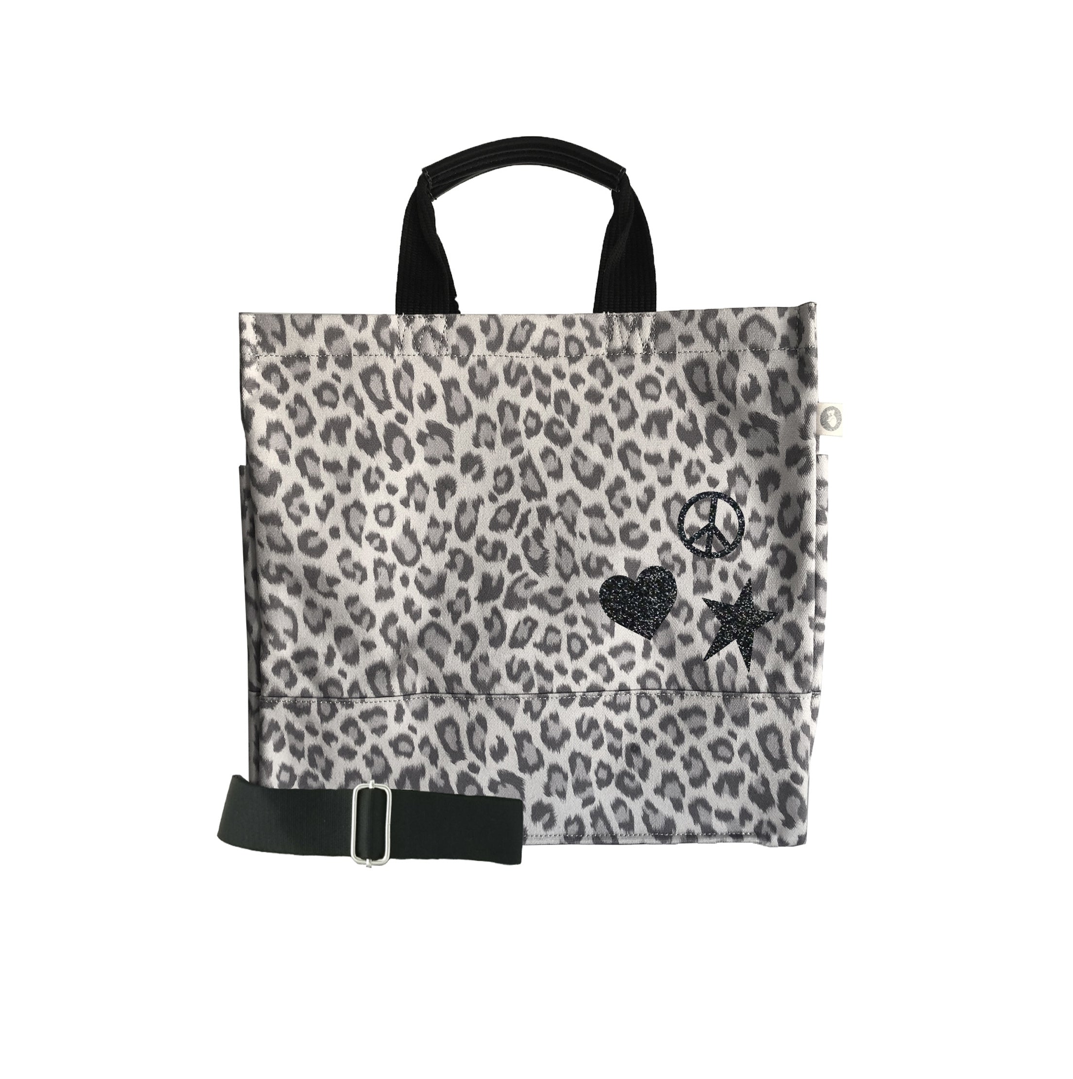 Luxe North South Bag: Grey Leopard with Black Glitter Scattered Peace ...