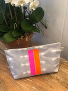 Grey Shibori Clutch with Neon Pink and Orange Stripe LAST ONE - Quilted Koala