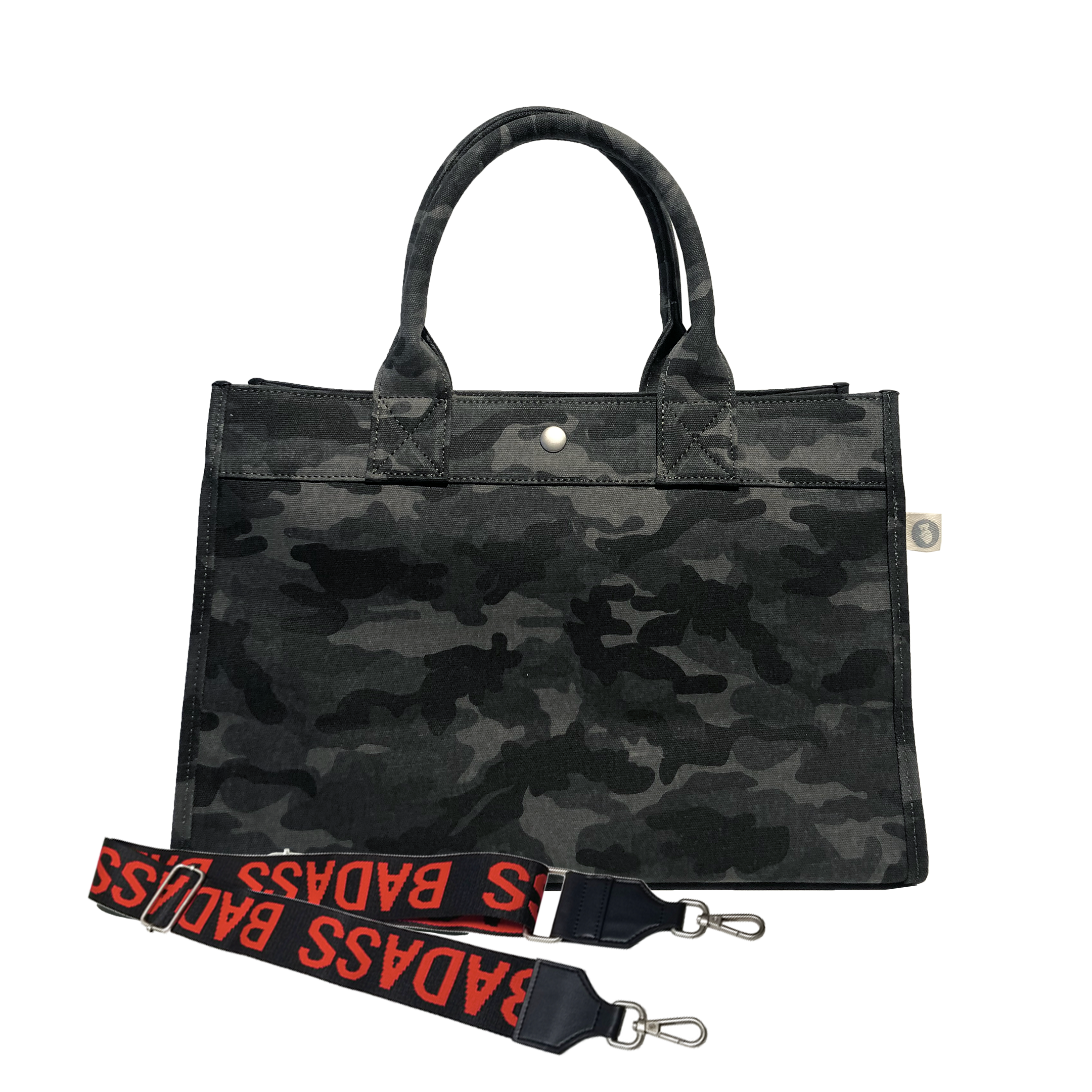 Midi East West Bag: Black Camouflage with Color Stripes - Quilted Koala