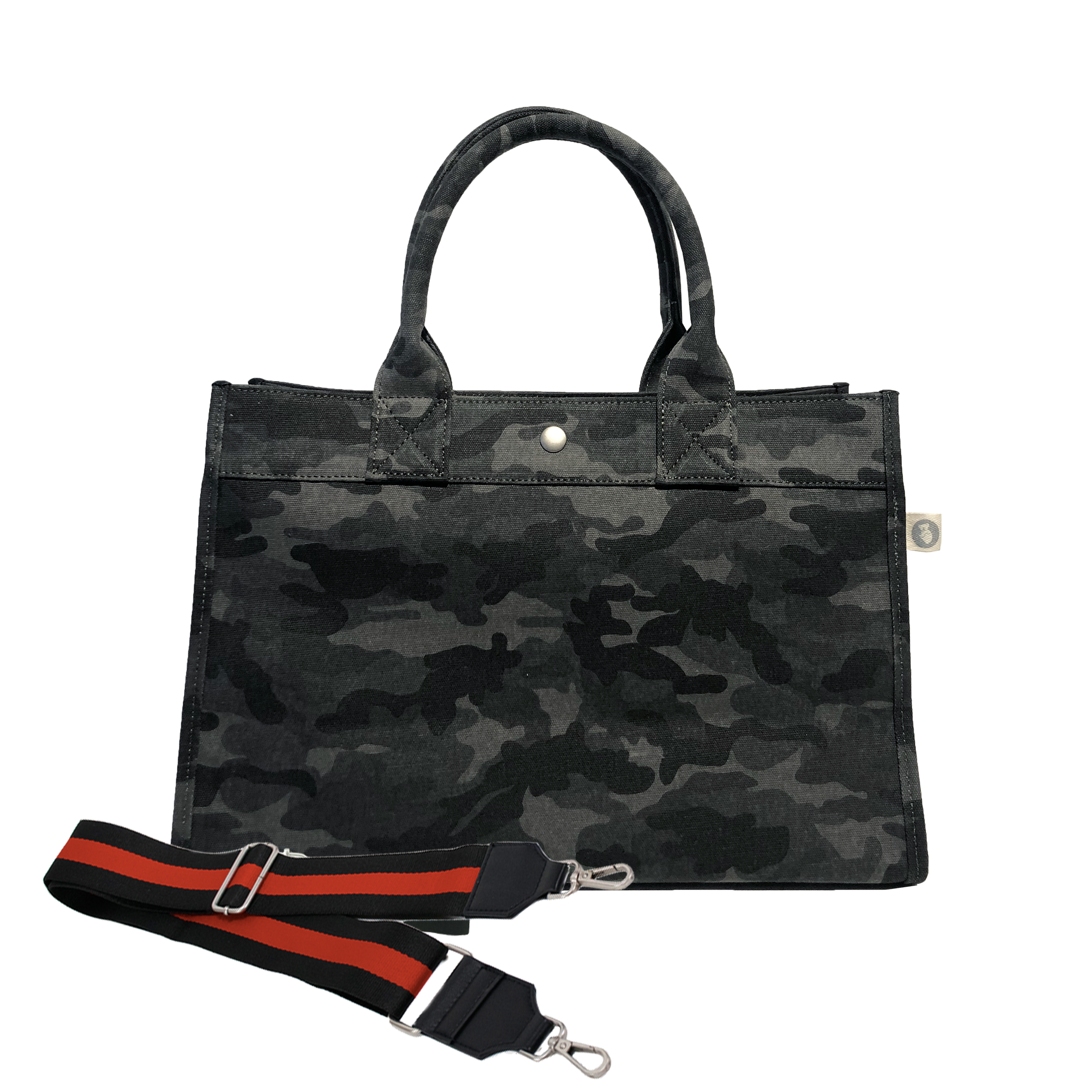 Midi East West Bag: Black Camouflage with Color Stripes - Quilted Koala