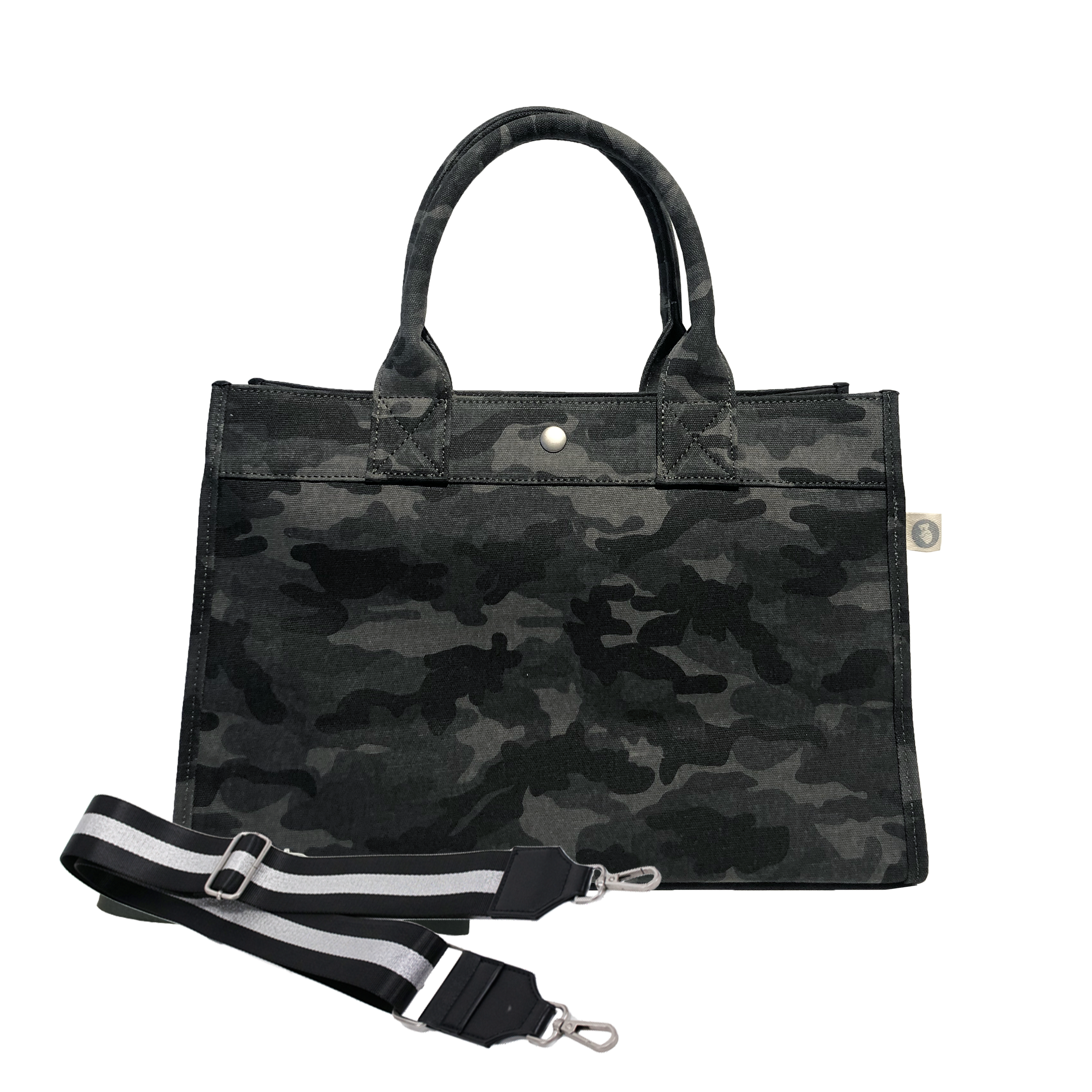 Midi East West Bag: Black Camouflage with Color Stripes - Quilted Koala