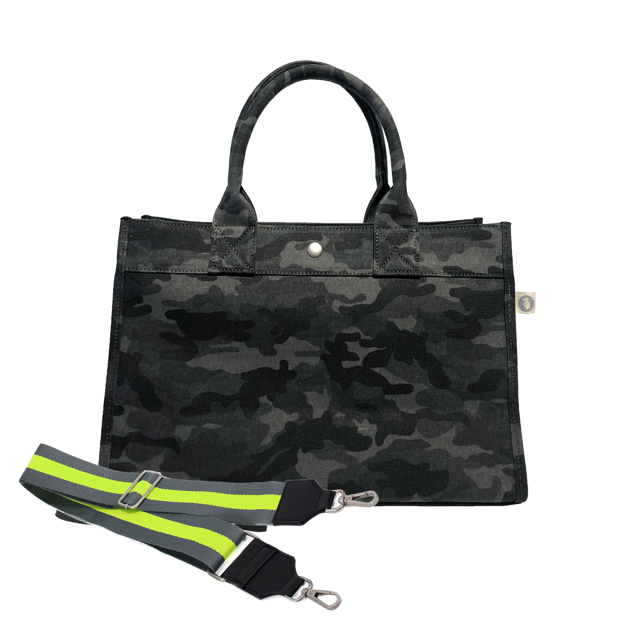 Midi East West Bag: Black Camouflage with Color Stripes - Quilted Koala