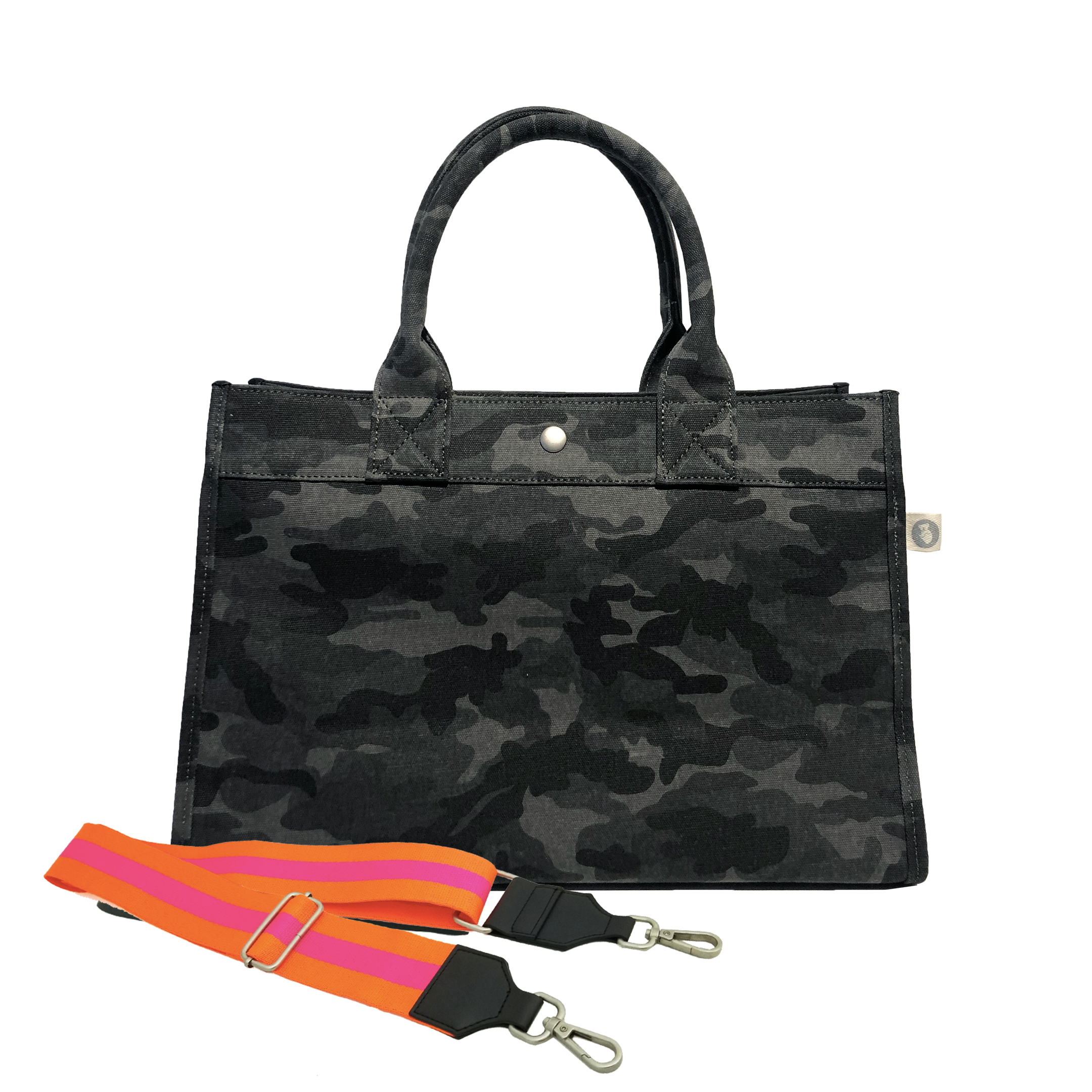 Midi East West Bag: Black Camouflage with Color Stripes - Quilted Koala