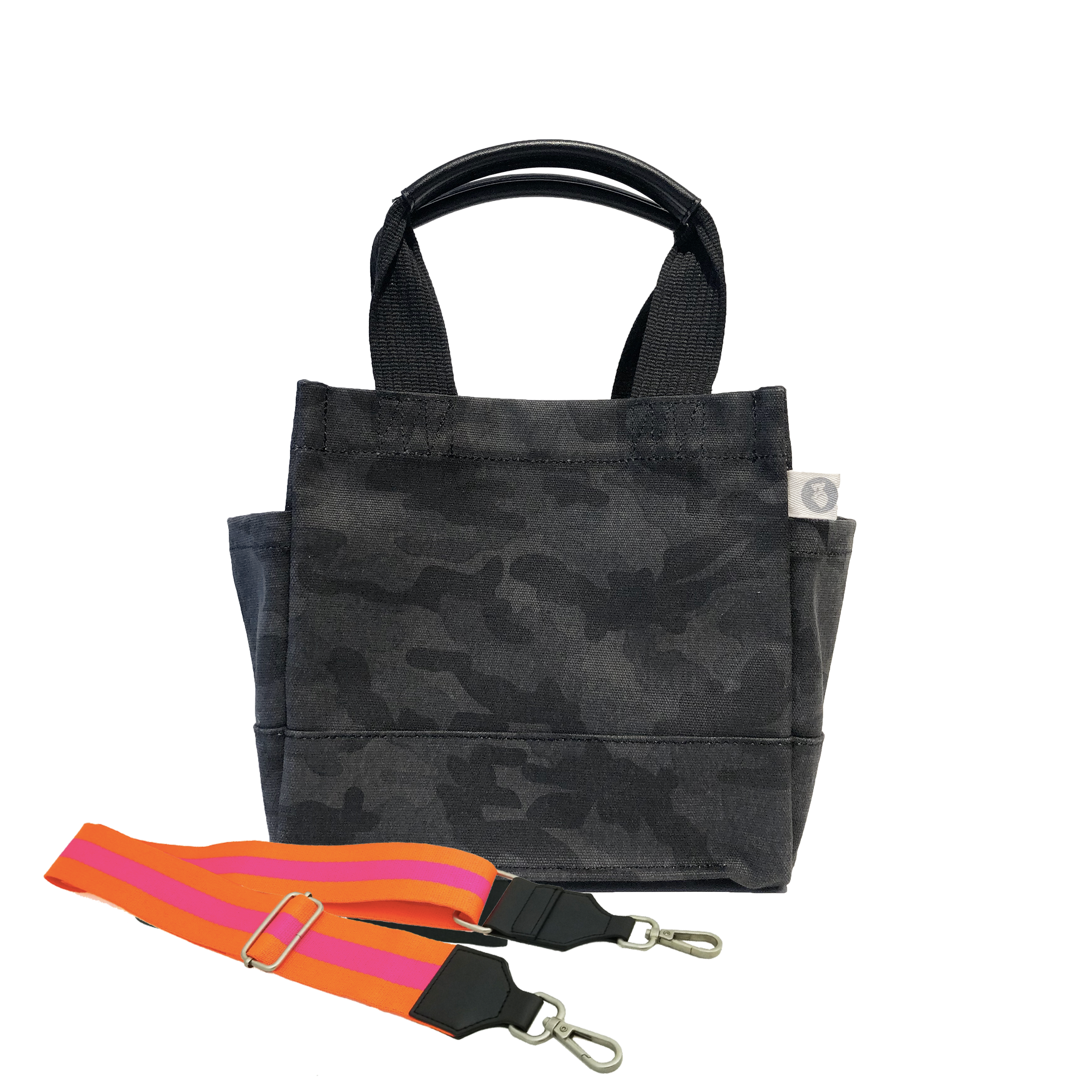 Mini Luxe North South Bag: Black Camouflage with Color Stripes - Quilted Koala