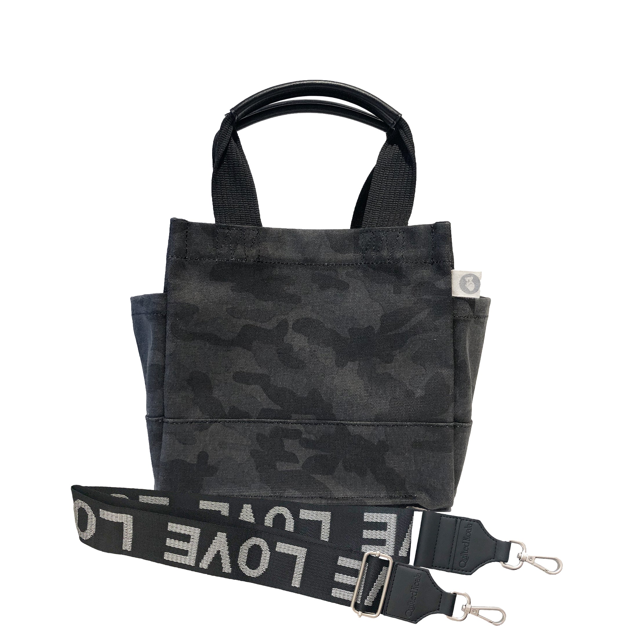 Mini Luxe North South Bag: Black Camouflage with Color Stripes - Quilted Koala