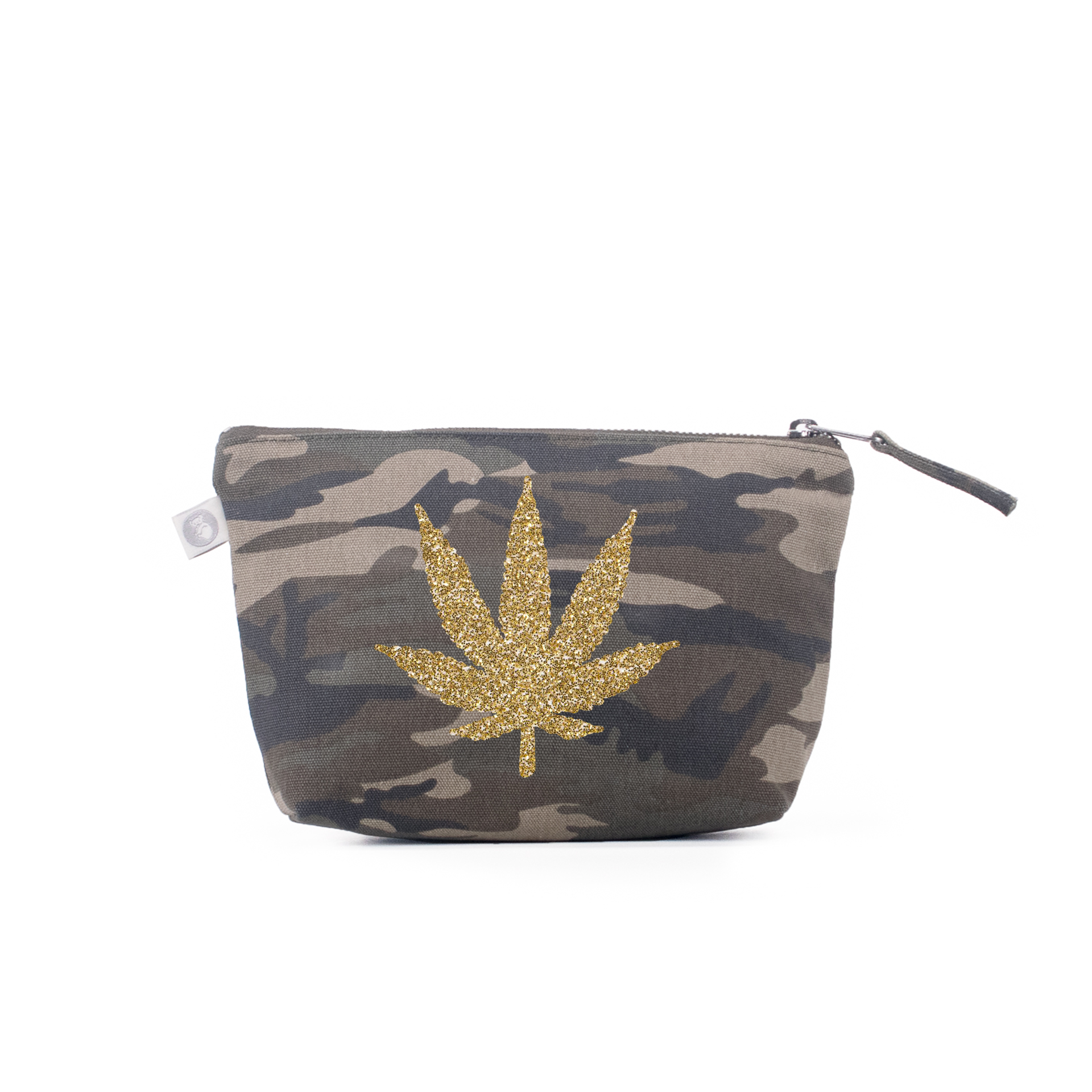 Makeup Bag: Green Camo with Gold Glitter Pot Leaf - Quilted Koala