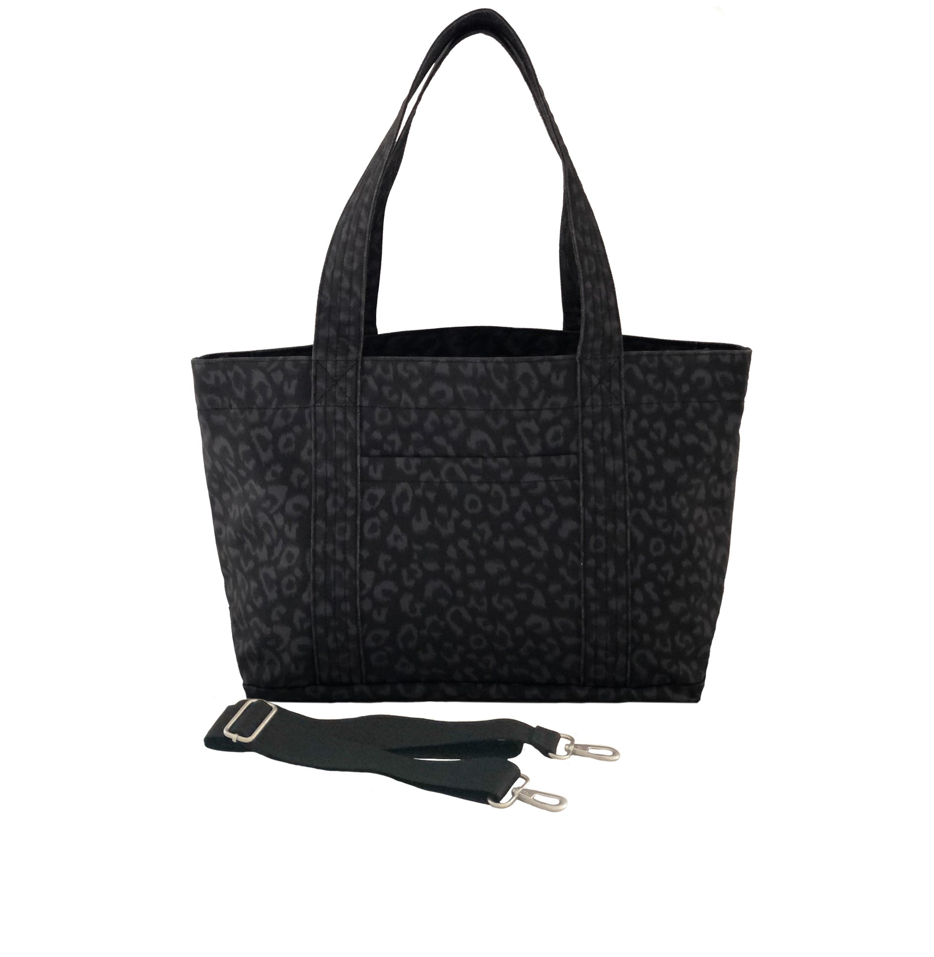 Split Letter Monogram - Midi Zipper Tote: Black Leopard Coated Canvas - Quilted Koala