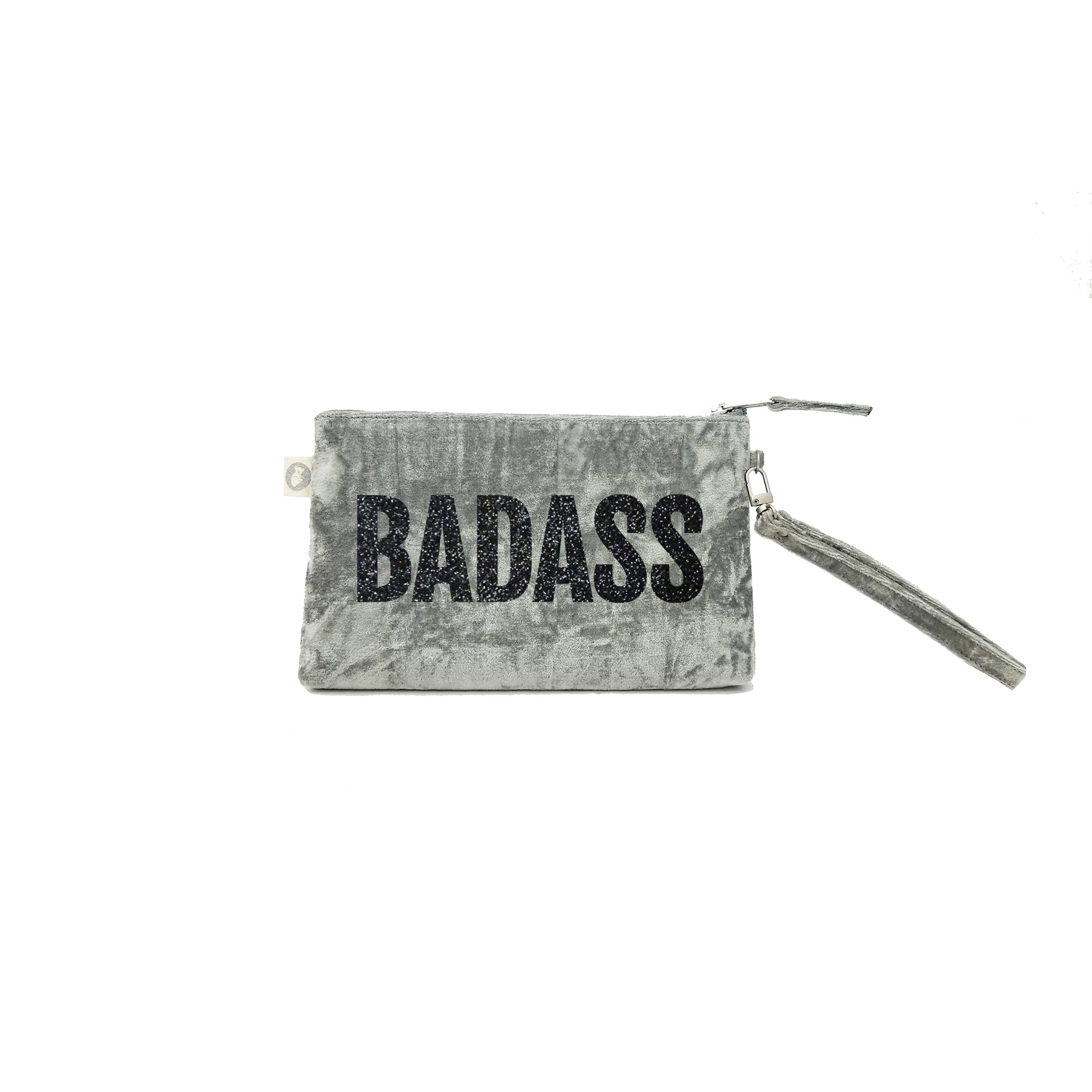 Mini Luxe Clutch with Wristlet: Grey Crushed Velvet with Black Glitter BADASS - Quilted Koala
