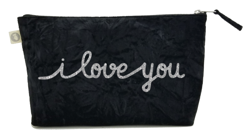 I Love You Collection: Clutch in Black Crushed Velvet with Silver Glitter - Quilted Koala