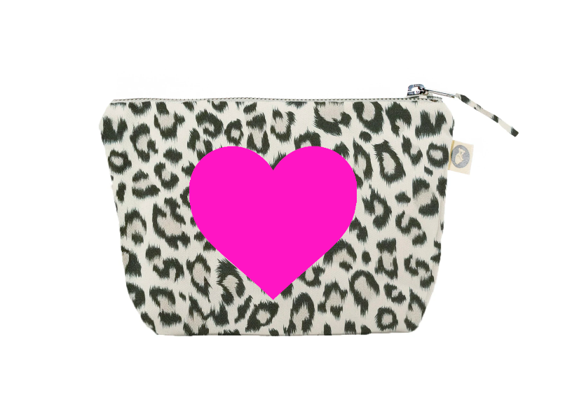 Makeup Bag: Leopard with a PInk Heart - Quilted Koala