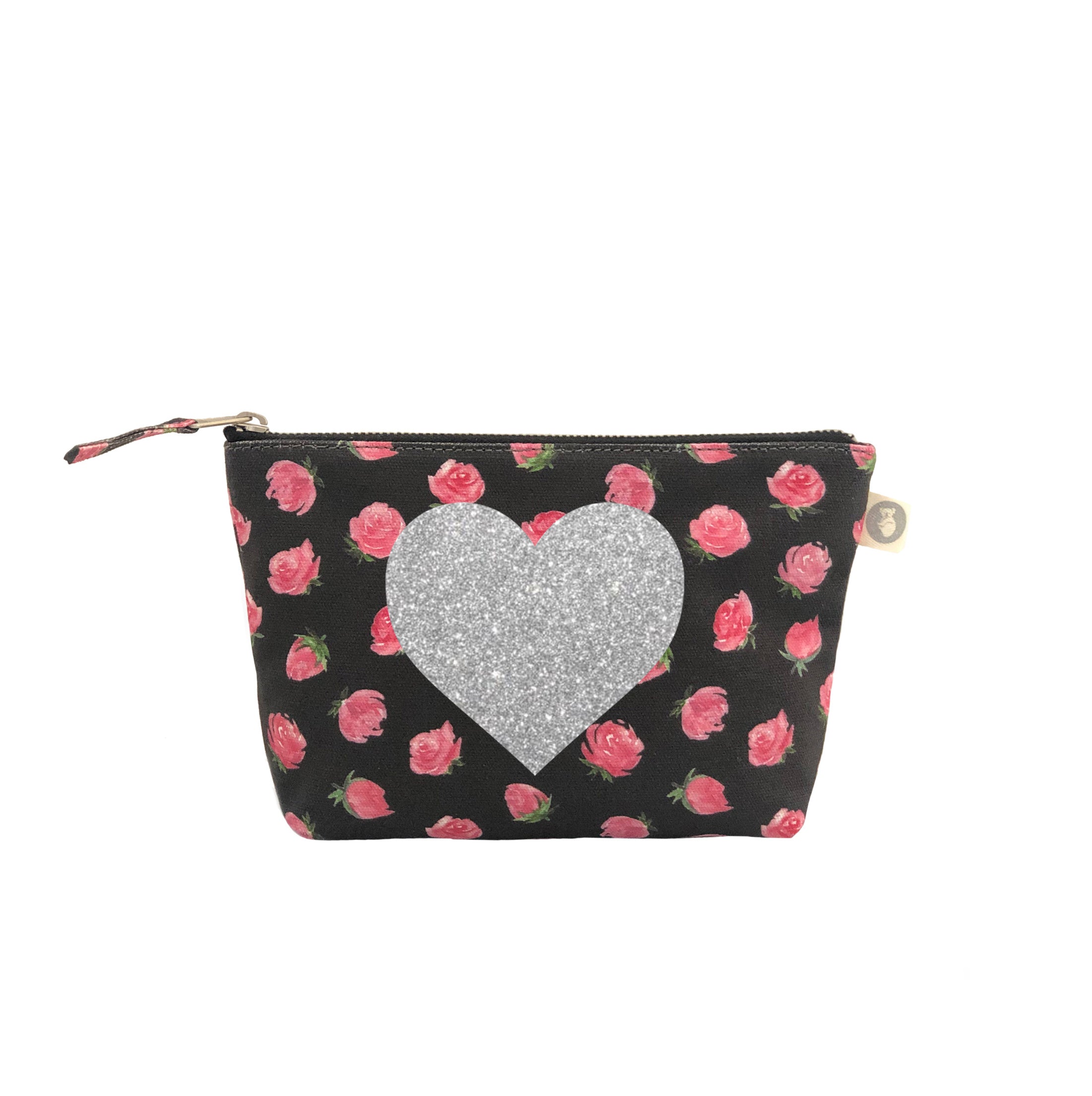 Makeup Bag: Black Floral with Silver Glitter Heart - Quilted Koala