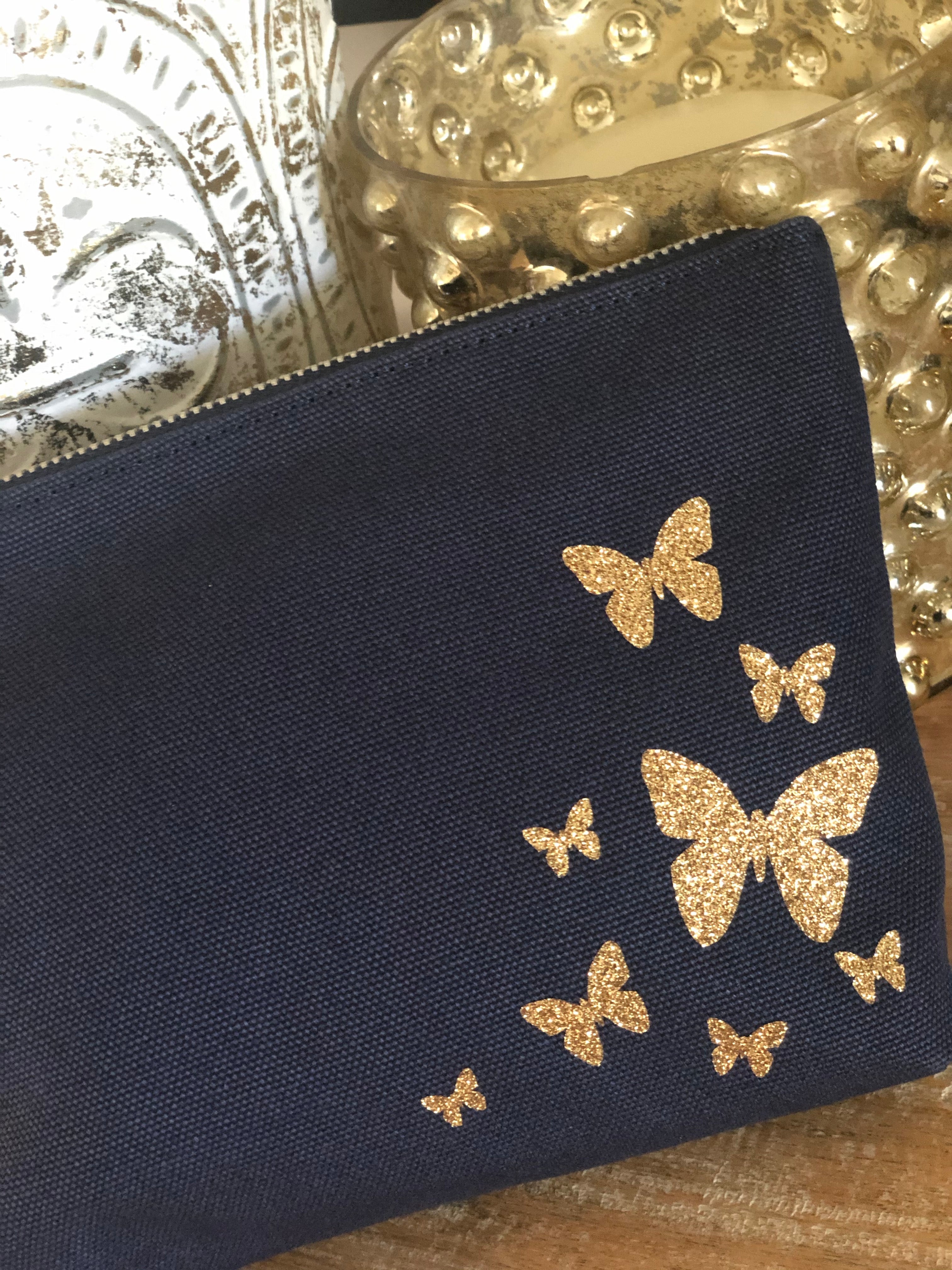 Makeup Bag Navy with Gold Glitter Scatter Butterflies - Quilted Koala