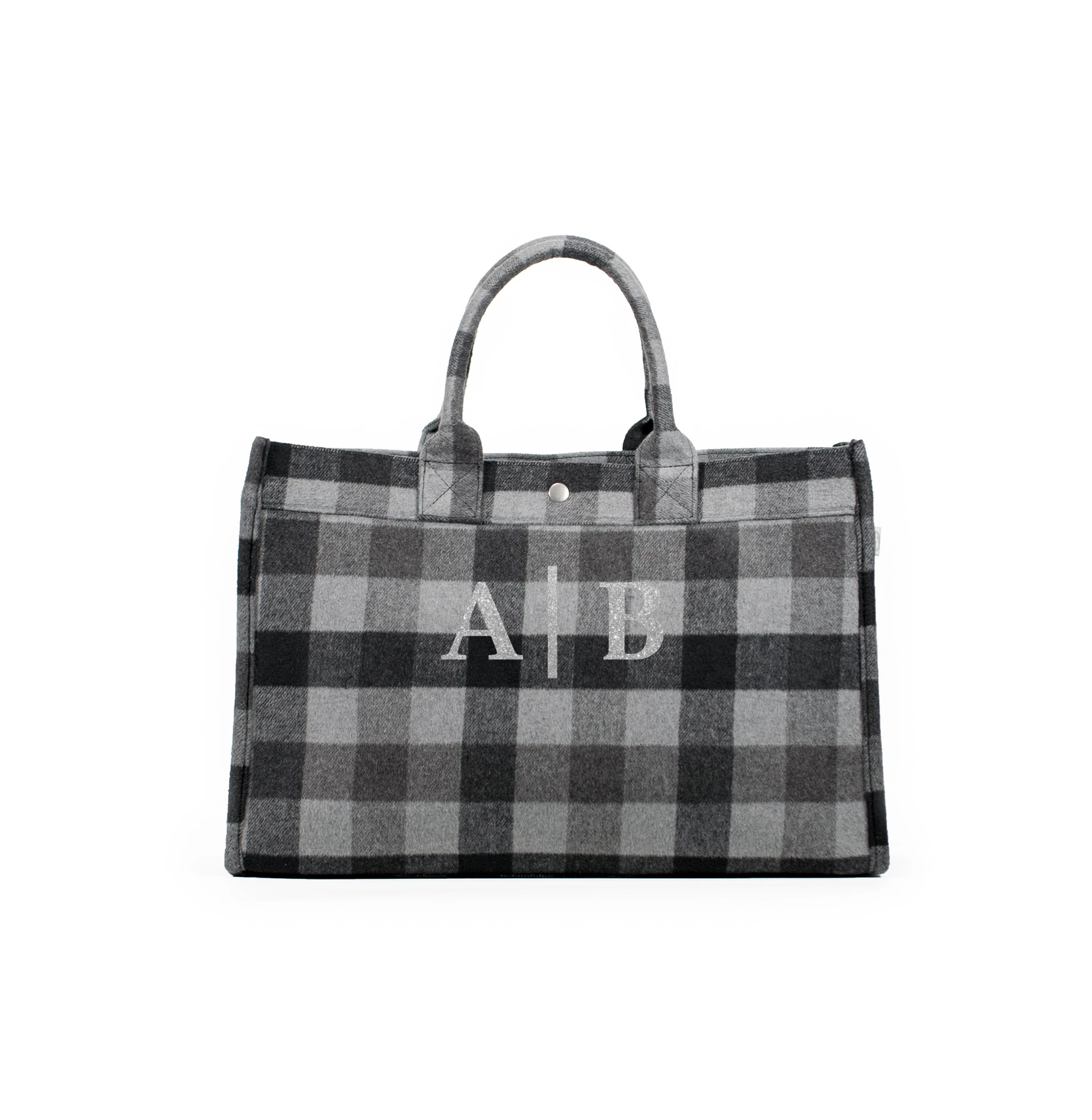 East West Bag: Grey Flannel Plaid Split Letter Monogram (silver letters) - Quilted Koala