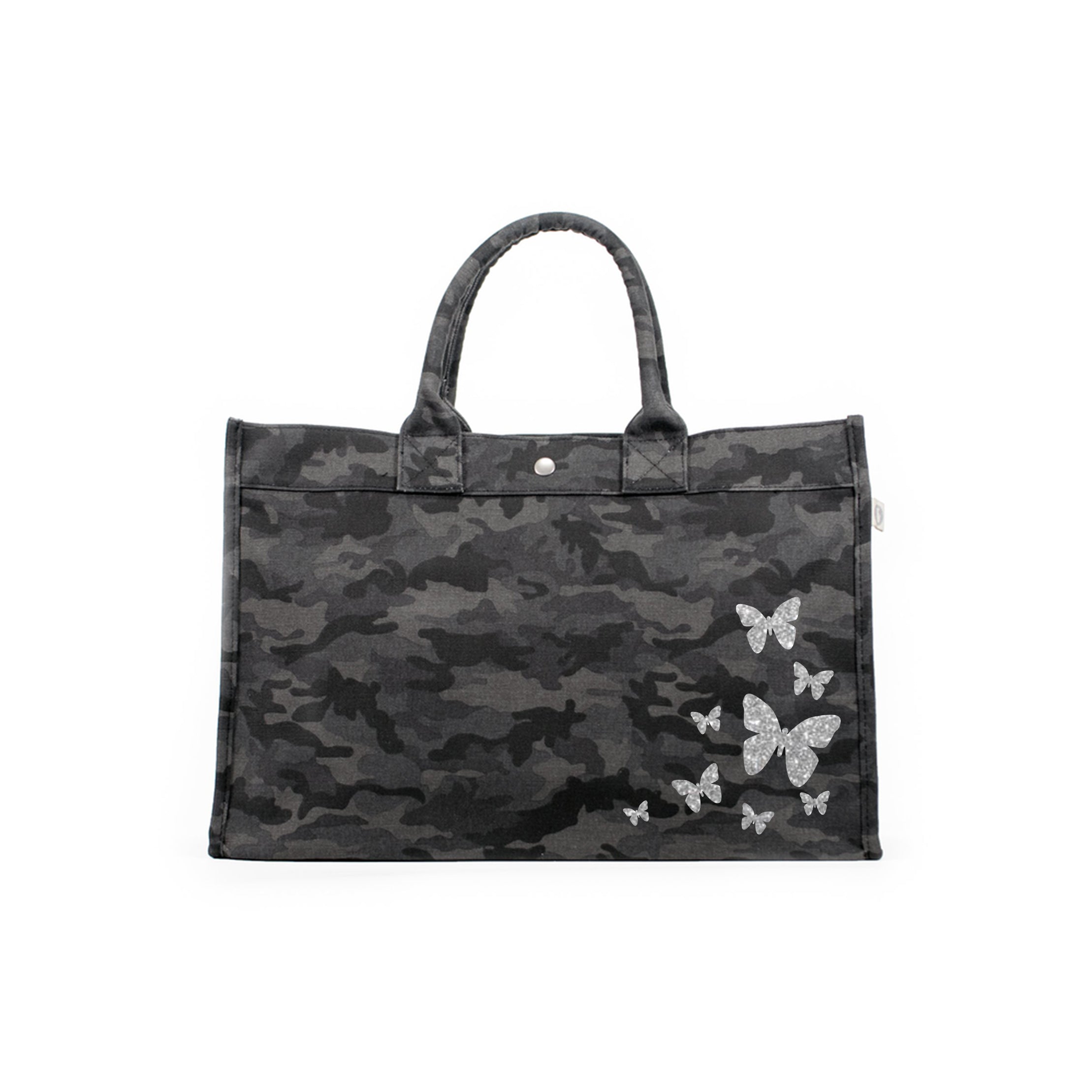 East West Bag: Black Camo with Silver Glitter Scatter Butterflies - Quilted Koala