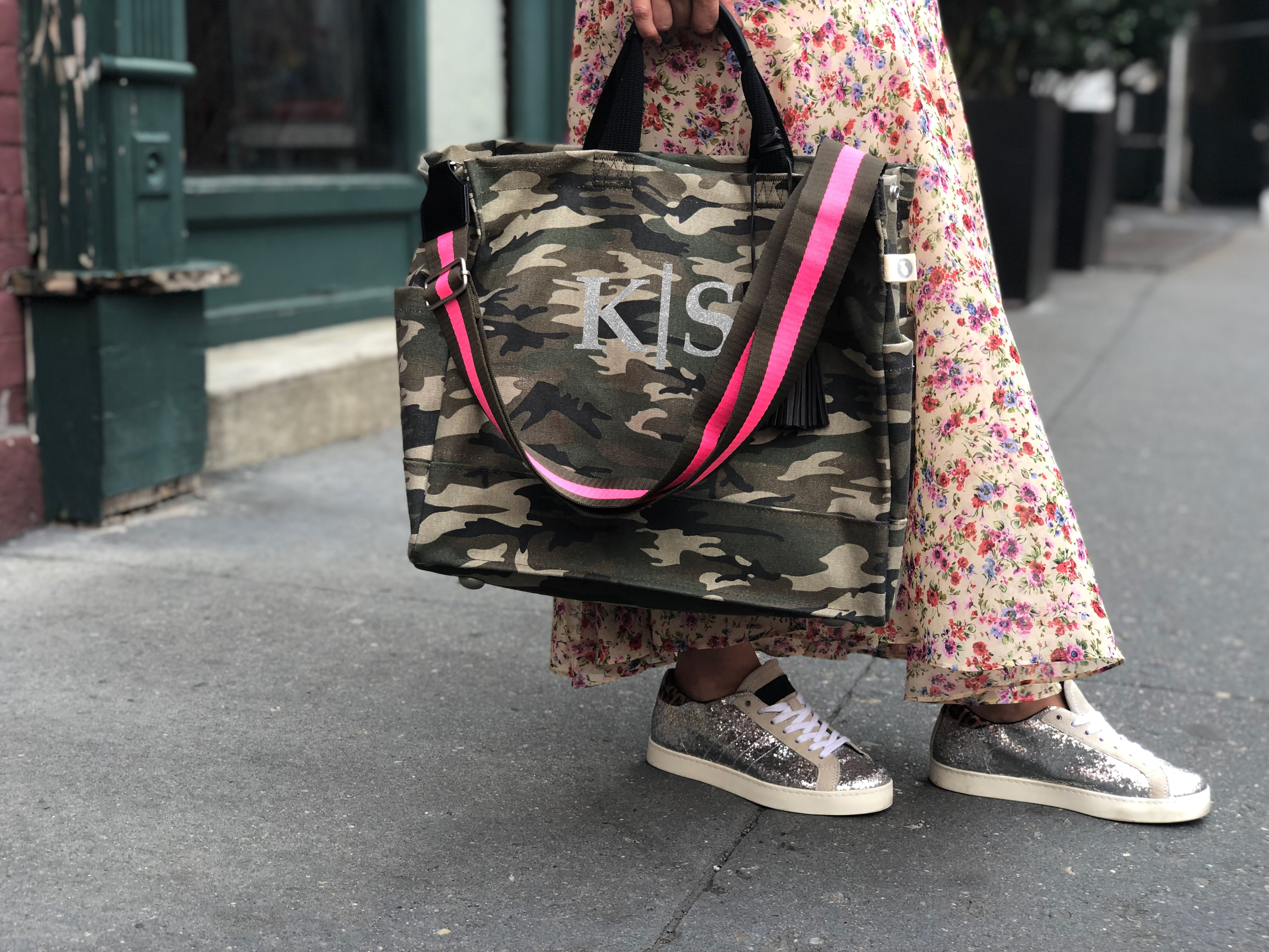Split Letter Monogram Green Camo North South Bag with Stripe Strap - Quilted Koala