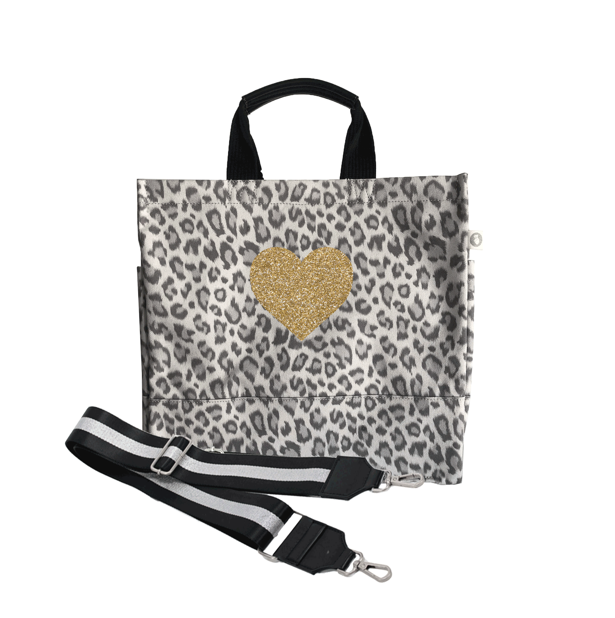 Luxe North South Bag: Grey Leopard with Silver and Gold Stripes