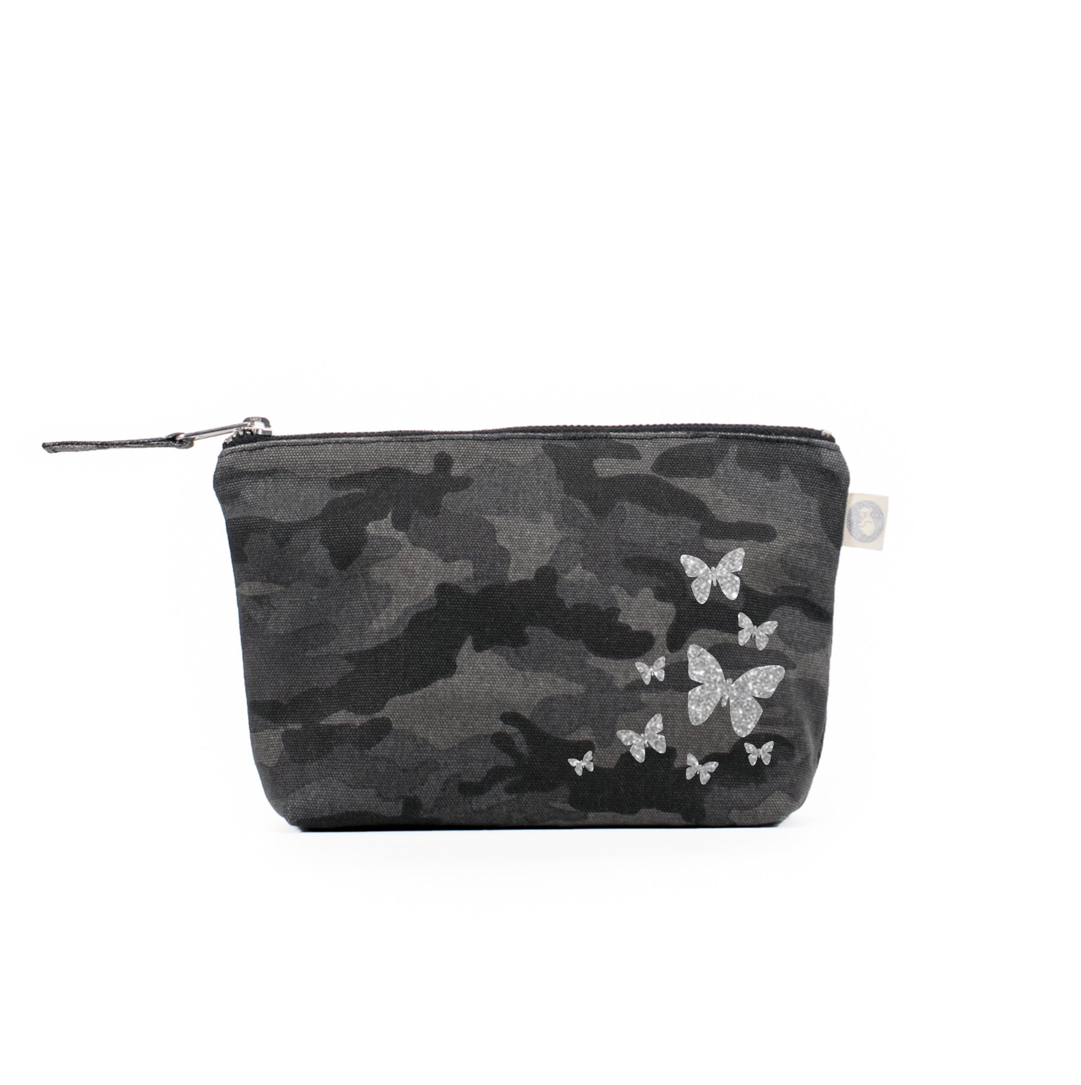 Makeup Bag Black Camo with Silver Glitter Scatter Butterflies - Quilted Koala