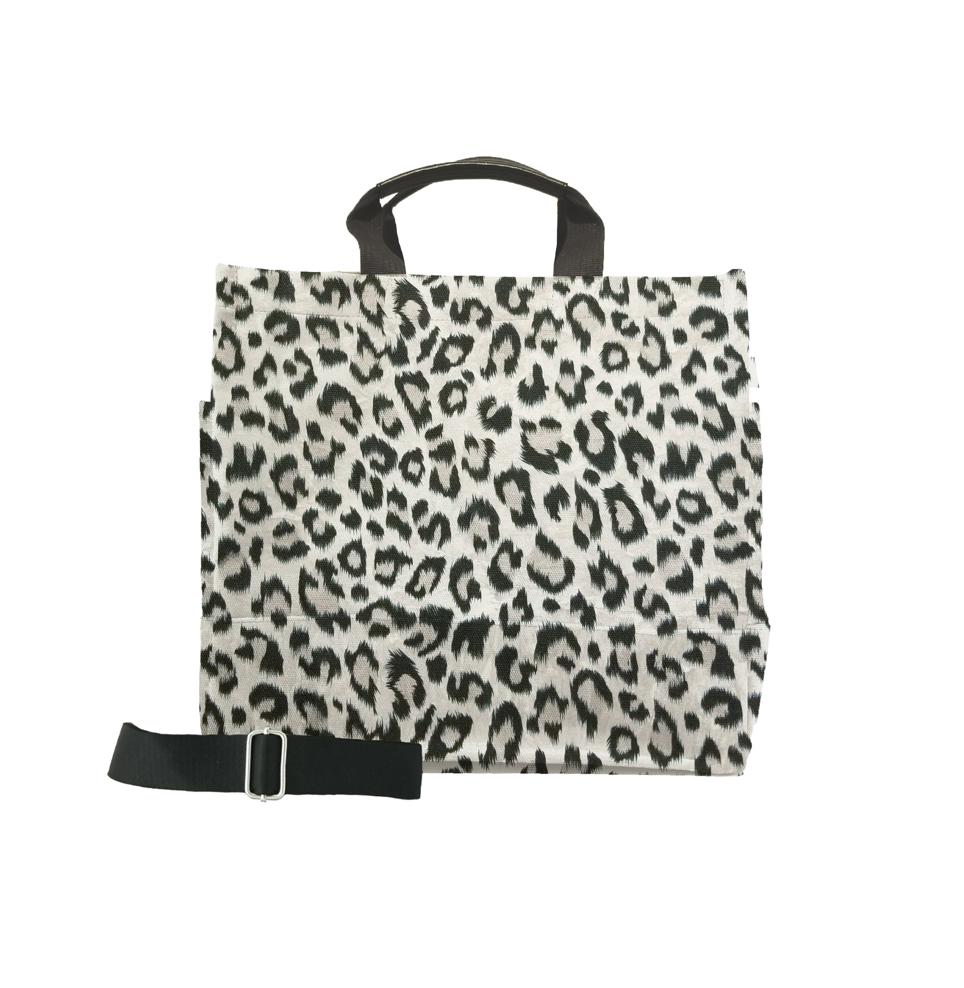 Luxe North South Bag: Grey Leopard with Silver and Gold Stripes