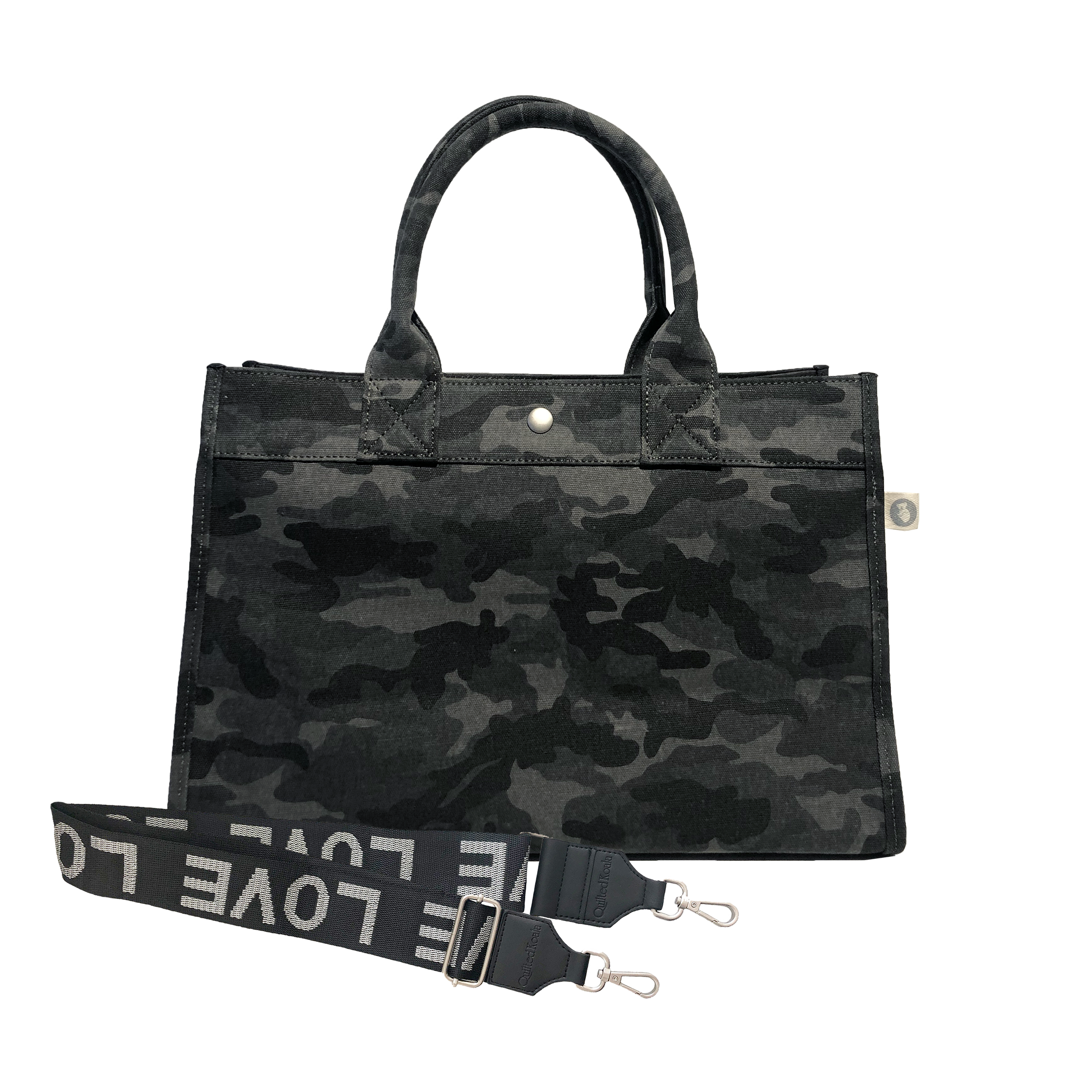 Midi East West Bag: Black Camouflage with Color Stripes - Quilted Koala