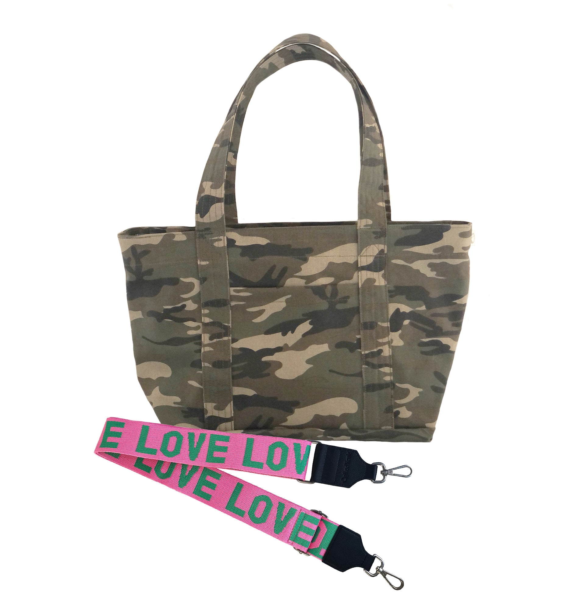 Split Letter Monogram - Midi Zipper Tote: Green Camo - Quilted Koala