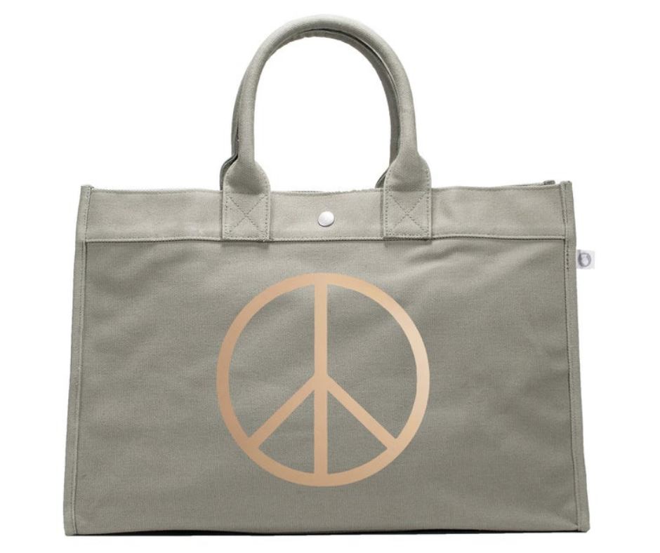 East West Bag: Olive with Rose Gold Jumbo Peace Sign - Quilted Koala