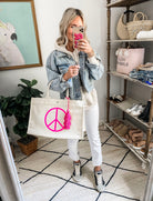 East West Bag: Natural with JUMBO NEON PINK PEACE SIGN - Quilted Koala