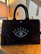 East West Bag: Black Crushed Velvet with Silver Crystal Evil Eye - Quilted Koala