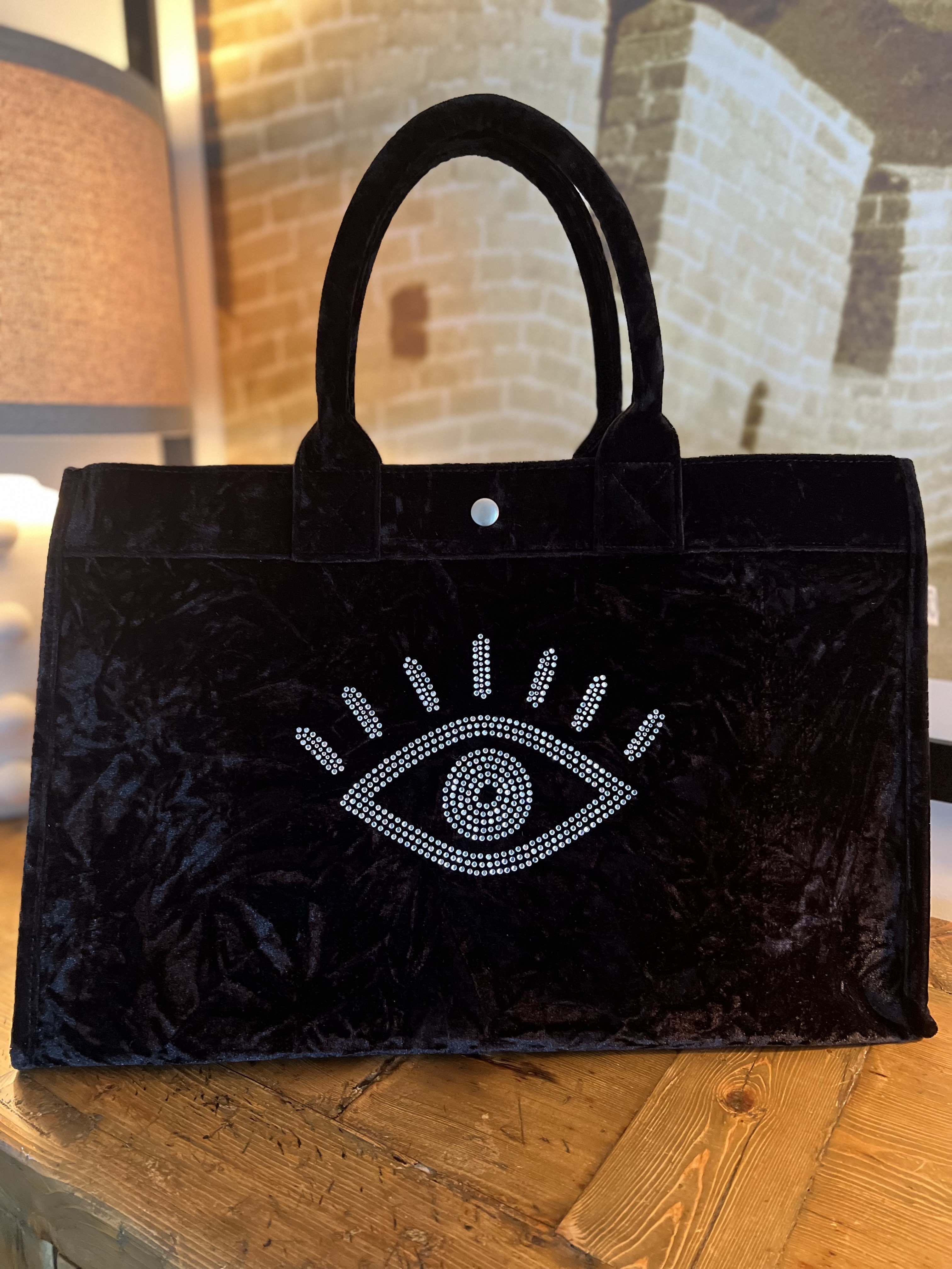 East West Bag: Black Crushed Velvet with Silver Crystal Evil Eye - Quilted Koala