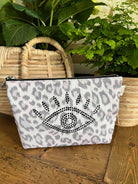 Makeup Bag: Grey Leopard with Black Crystal Evil Eye - Quilted Koala