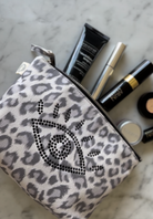 Makeup Bag: Grey Leopard with Black Crystal Evil Eye - Quilted Koala